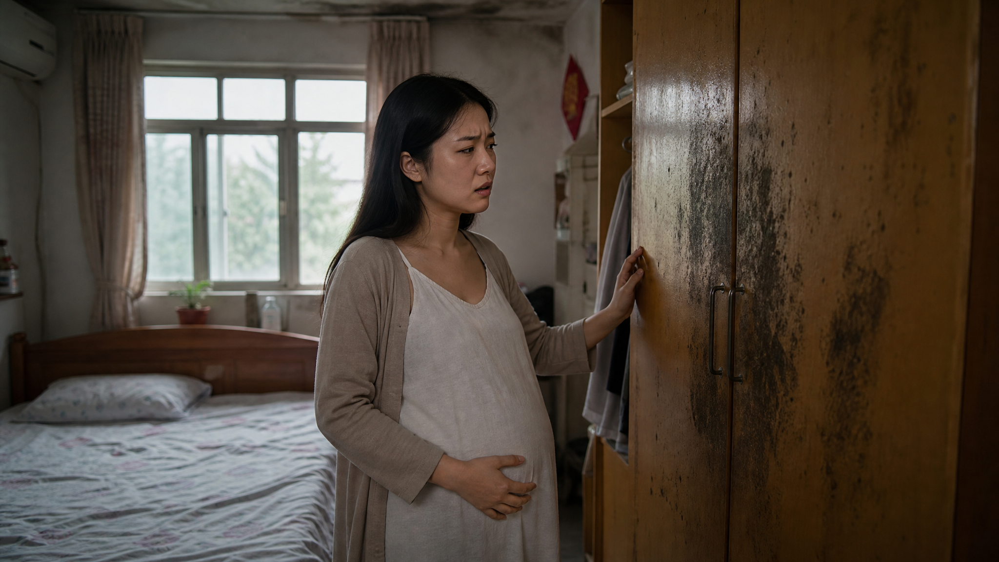 A young Chinese pregnant woman standing in a slightly dim, humid bedroom, looking distressed at a damp wardrobe. Soft natural light from the window, realistic photography, high resolution, cinematic lighting, cozy but slightly gloomy atmosphere.