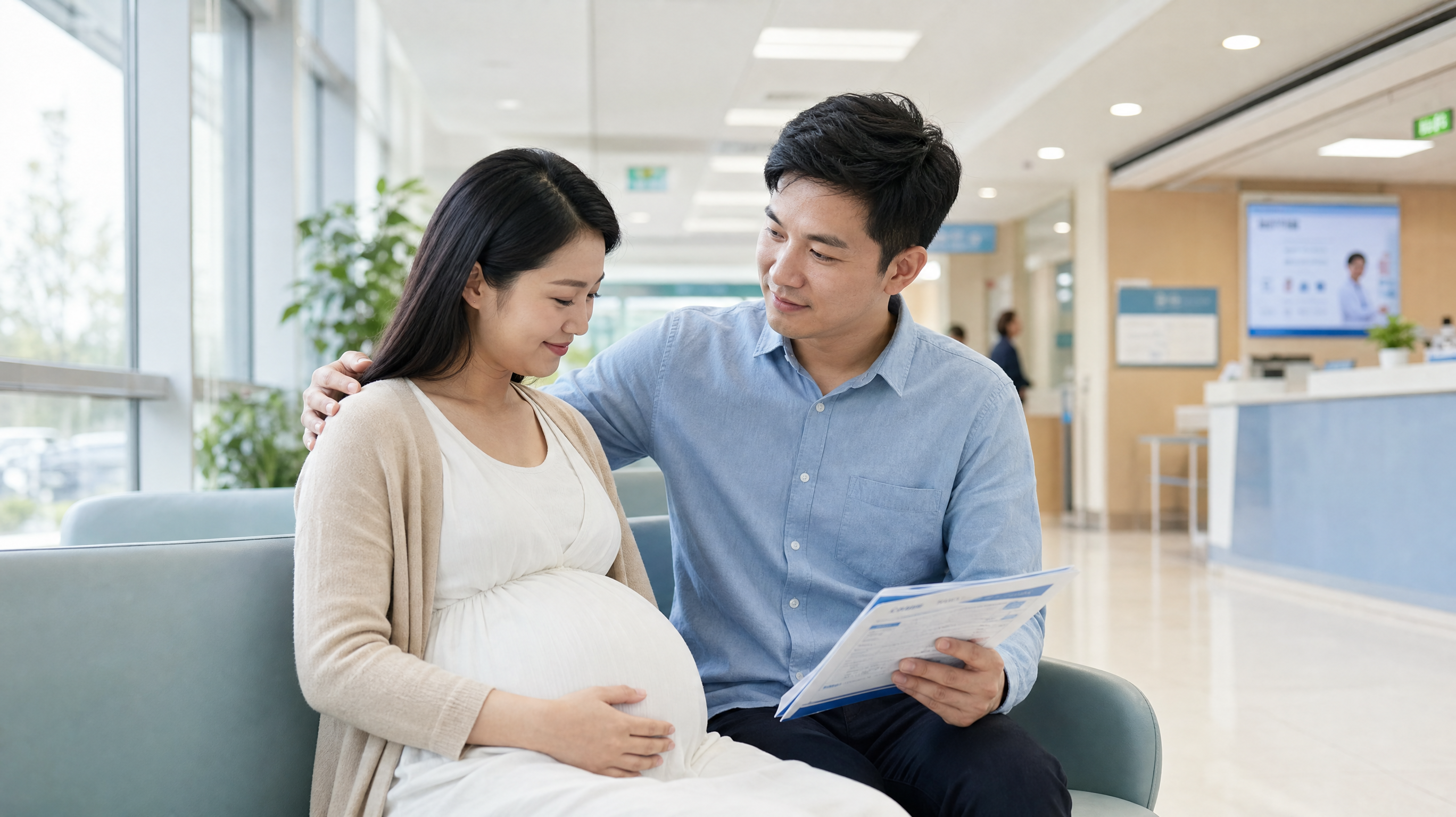 A caring Chinese husband accompanying his pregnant wife sitting in a bright and clean hospital waiting area. The husband is holding medical records and gently comforting his wife. Natural light shining through the window, warm and secure atmosphere, realistic photography, 8k resolution, clear facial features, highly detailed.