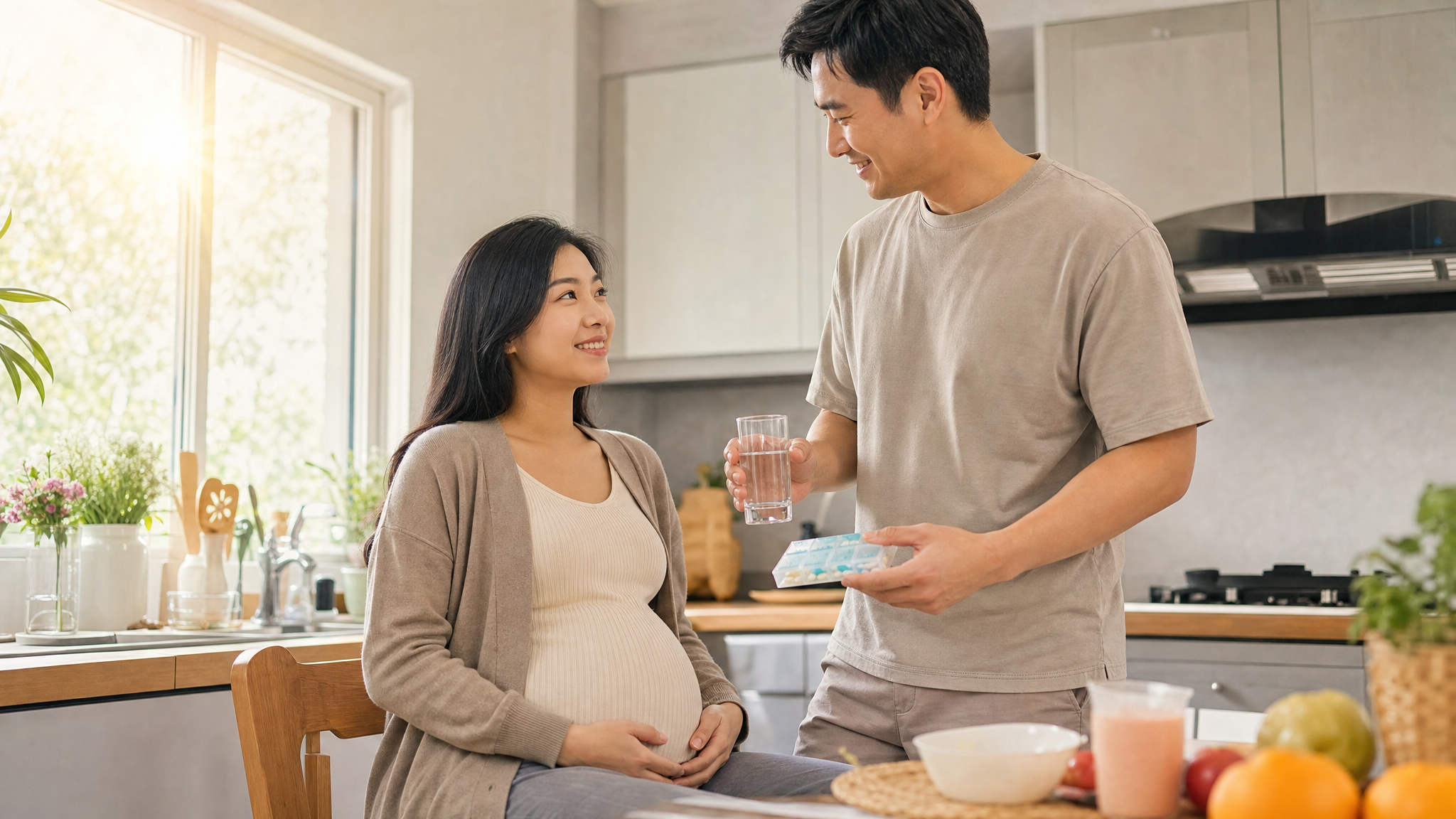 A caring Chinese husband handing a glass of water and a pill organizer to his beautiful pregnant wife in a modern bright kitchen, morning sunlight, warm family atmosphere, smiling faces, highly detailed, realistic photography, soft focus background, 8k resolution.