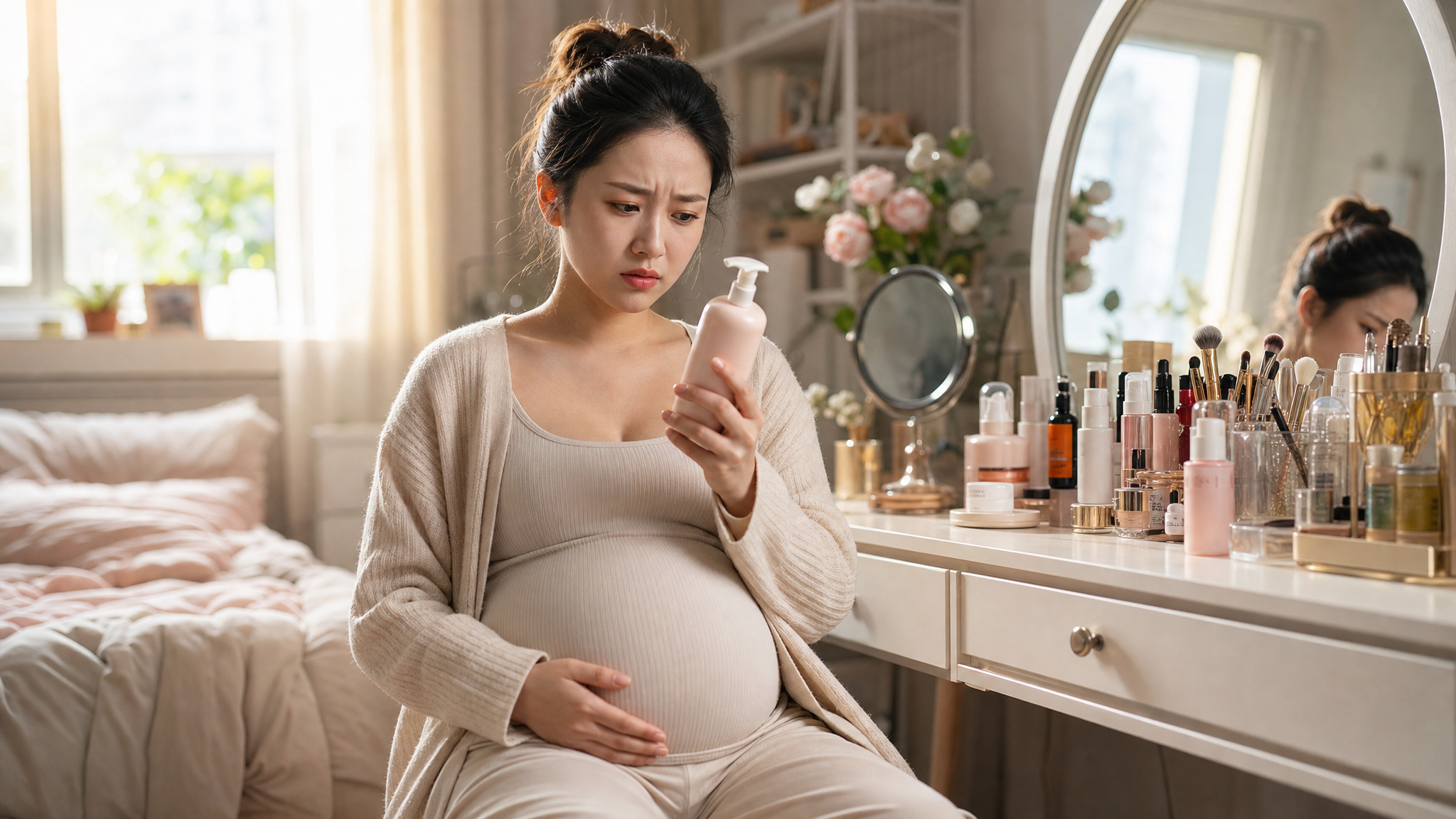 A young Chinese pregnant woman sitting in front of a vanity desk filled with various skincare and makeup products. She has a slightly confused and worried expression, holding a bottle of lotion in her hand, wondering if it's safe to use. Warm morning light filtering through the window, natural and soft lighting, cozy bedroom setting, realistic photography, high resolution, cinematic lighting, 8k, photorealistic.