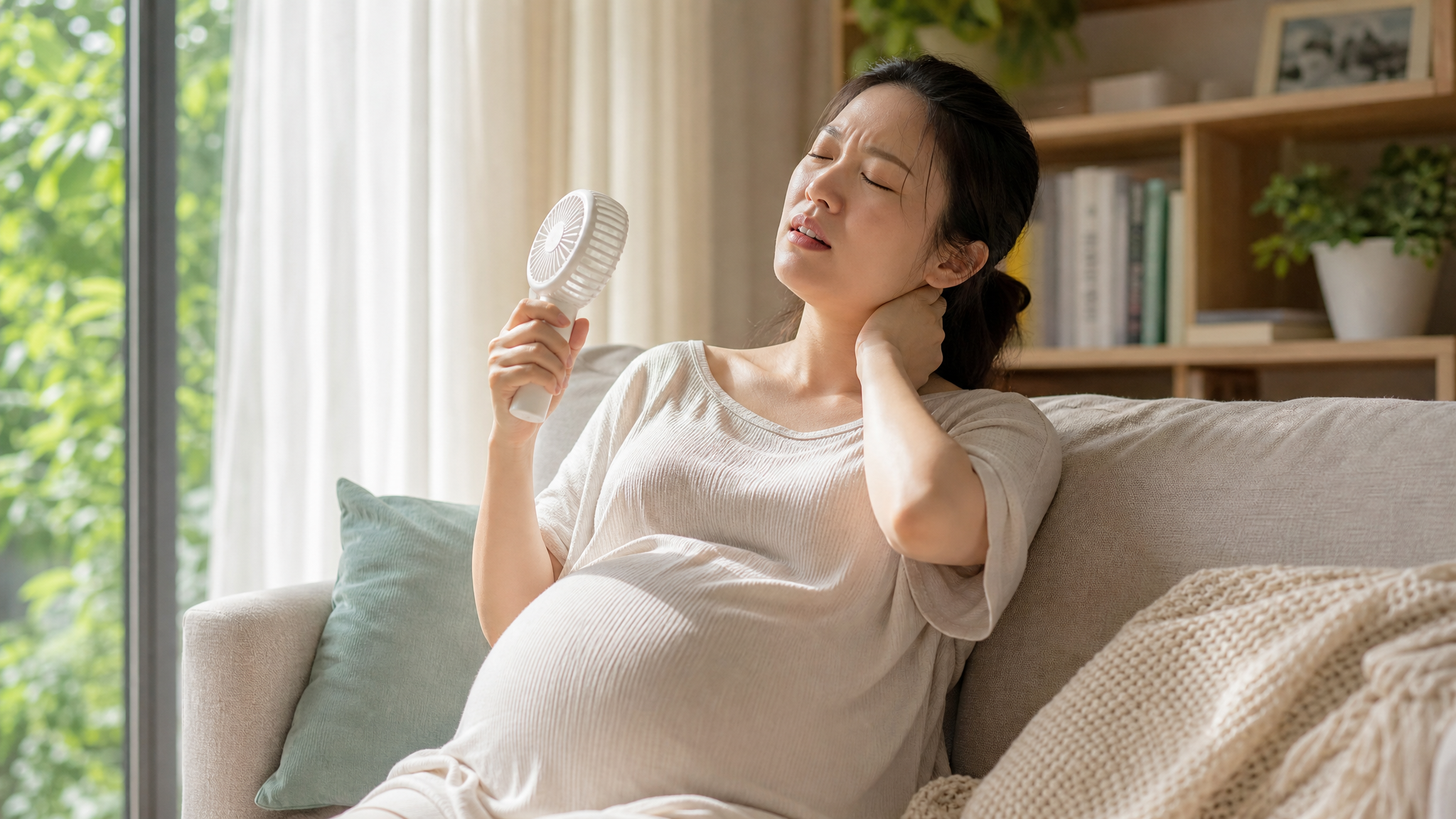 A realistic photo of a young Chinese pregnant woman sitting on a cozy sofa in summer, looking slightly distressed while holding a small portable fan. She is wearing light, breathable cotton maternity clothes. Soft natural lighting, highly detailed, 8k resolution, photorealistic, Midjourney style.