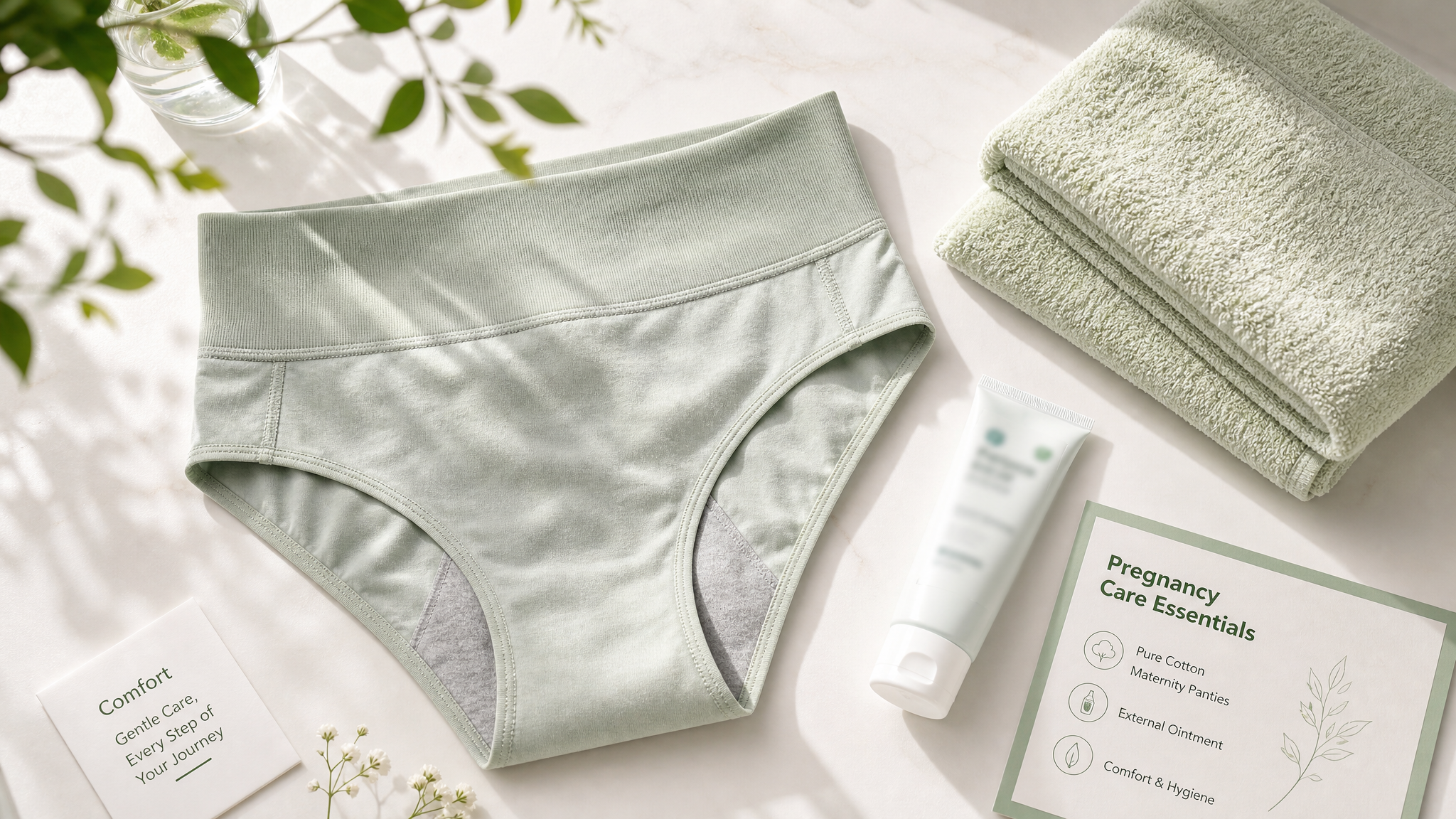 A clean and neat flat lay photography of pregnancy care essentials. Including pure cotton maternity panties, a blurred tube of external ointment, and a soft towel. Warm sunlight streaming in, giving a dry and cozy feeling. Green tone, rigorous medical science popularization style, high-quality product photography.