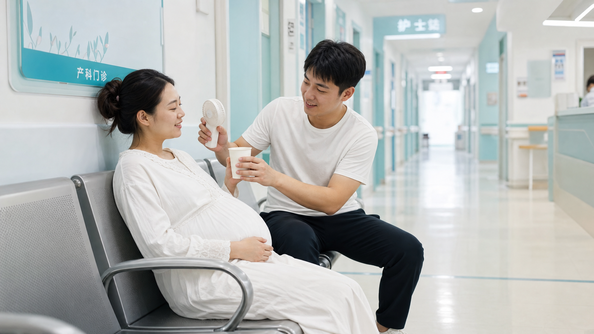 A heartwarming scene in a bright hospital corridor. A young Chinese husband is attentively taking care of his pregnant wife. They are sitting on a waiting chair. The husband is holding a small portable fan to cool her down and offering her a cup of warm water. The wife looks relieved and smiles gently. Pastel blue and white tones, clean and fresh atmosphere, realistic photography, emotional connection, 8k, photorealistic.