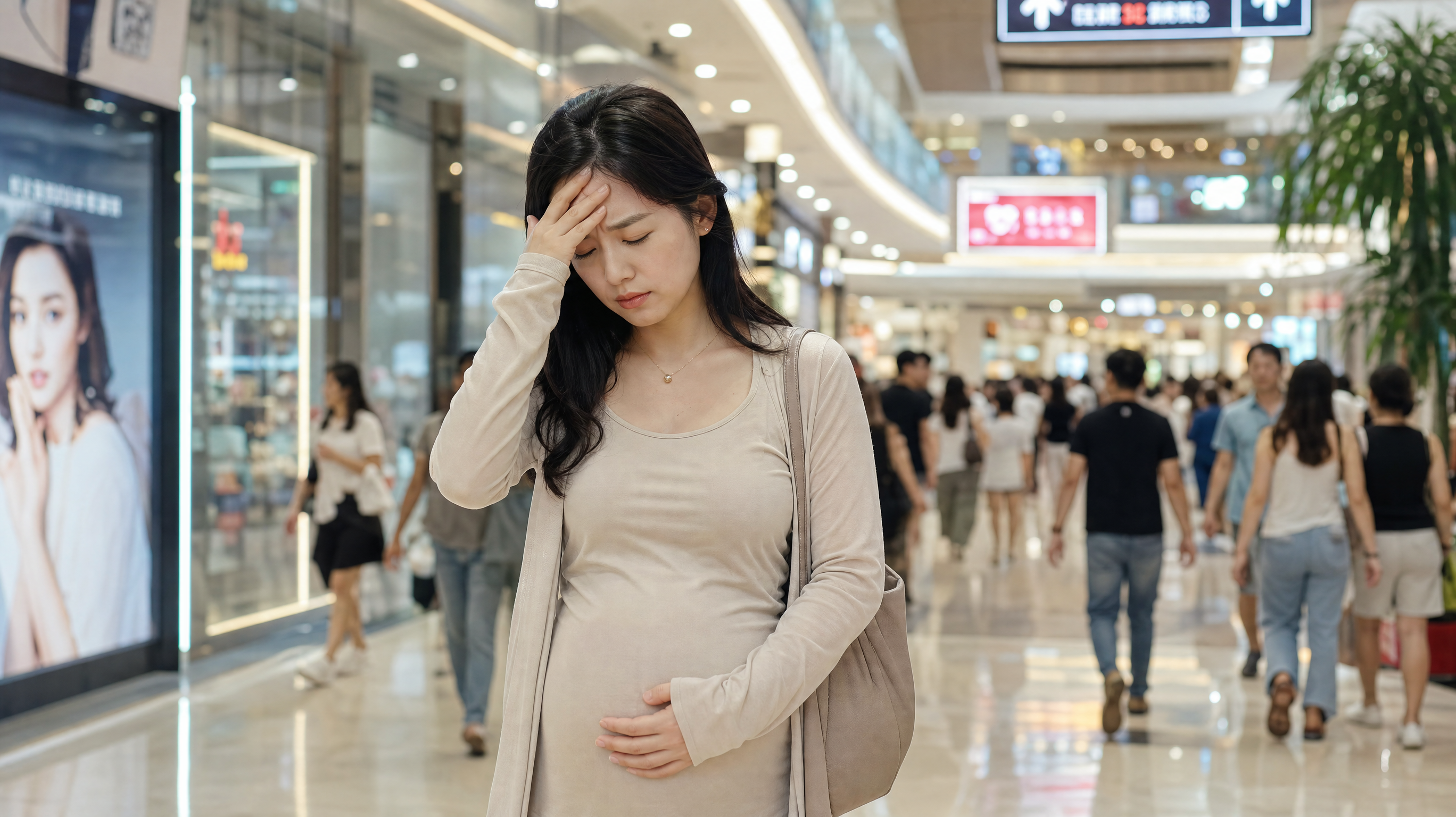 A photorealistic image of a young Chinese pregnant woman standing in a slightly crowded, brightly lit modern shopping mall during summer. She is gently touching her forehead with one hand, showing a slight expression of dizziness and discomfort. Warm lighting, shallow depth of field, high quality, 8k resolution, cinematic composition.