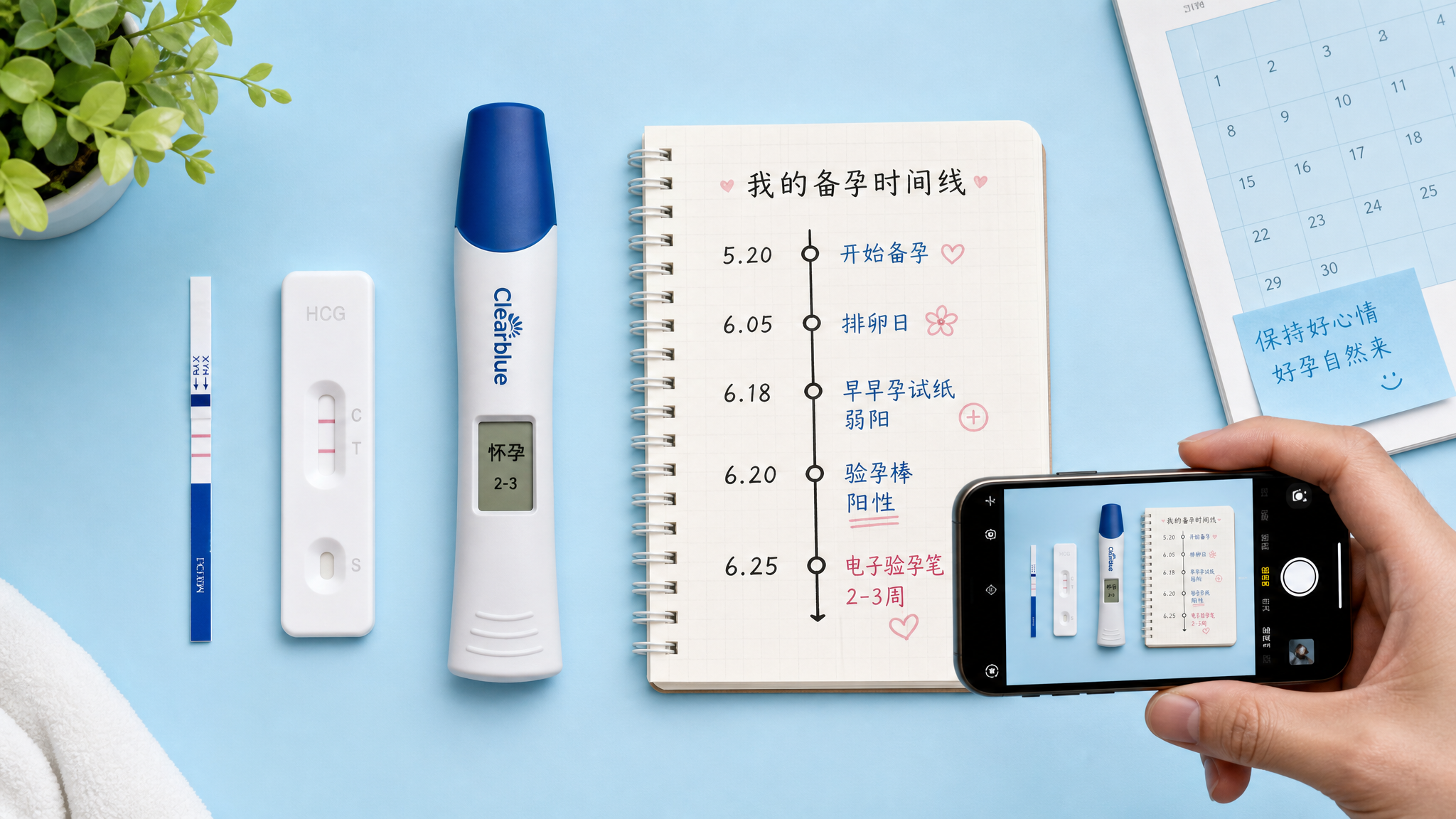 A neat flat lay on a pastel blue background, showing three different types of pregnancy tests (a simple strip, a cassette, and a digital digital pen) neatly arranged next to a small notebook with a timeline drawn on it, a modern Chinese man's hand taking a photo of it with a smartphone, bright and clean studio lighting, highly detailed, infographic style photography.