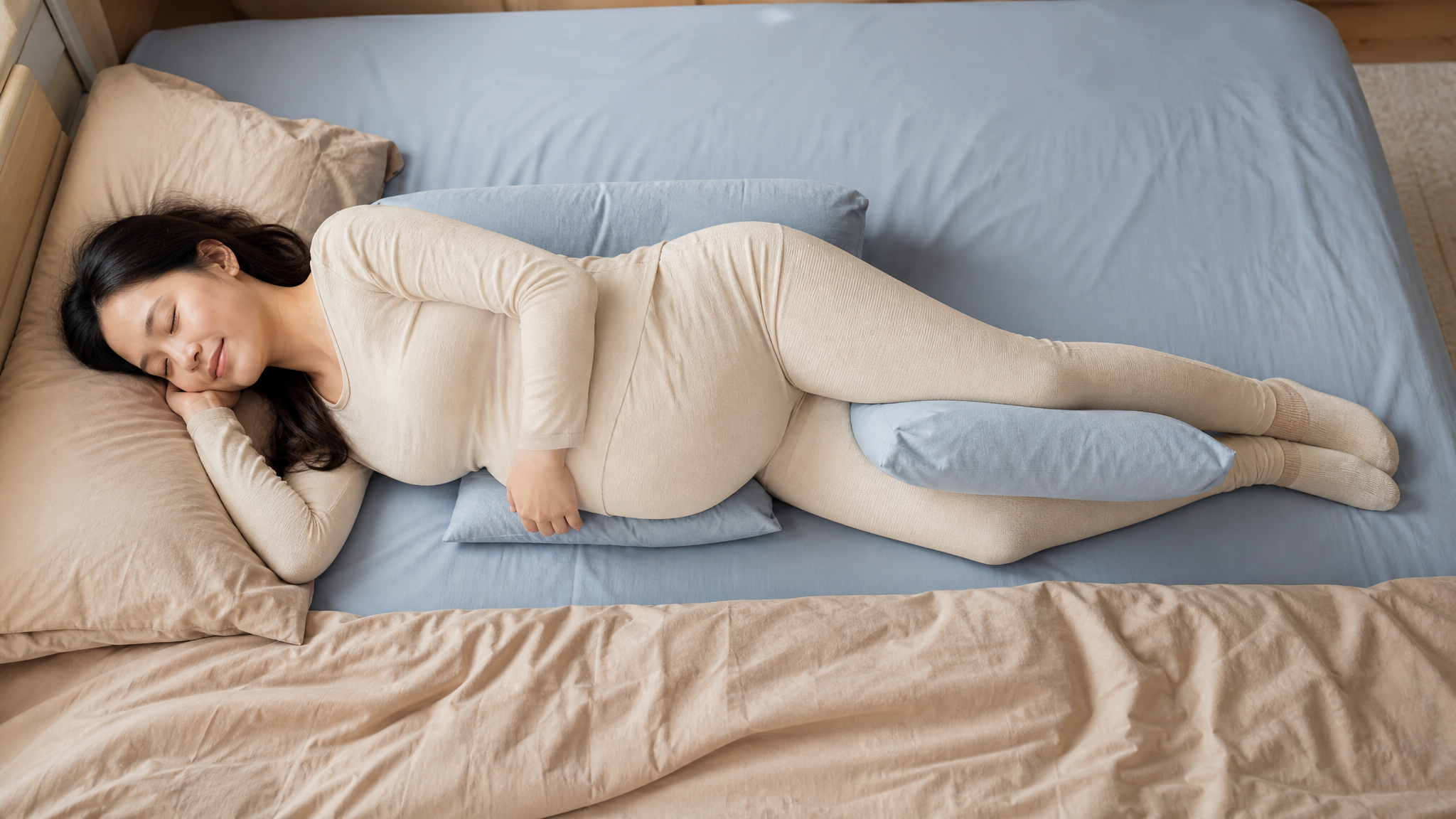 A photorealistic top-down view of a beautiful Chinese pregnant woman sleeping comfortably on her side in a bed. She is using a maternity pillow for support: a thin pillow under her belly, a soft pillow between her knees, and a support pillow behind her back. Her legs are aligned parallel. Soft beige and light blue bedding, warm soft morning light, highly detailed, 8k, photorealistic, professional photography.