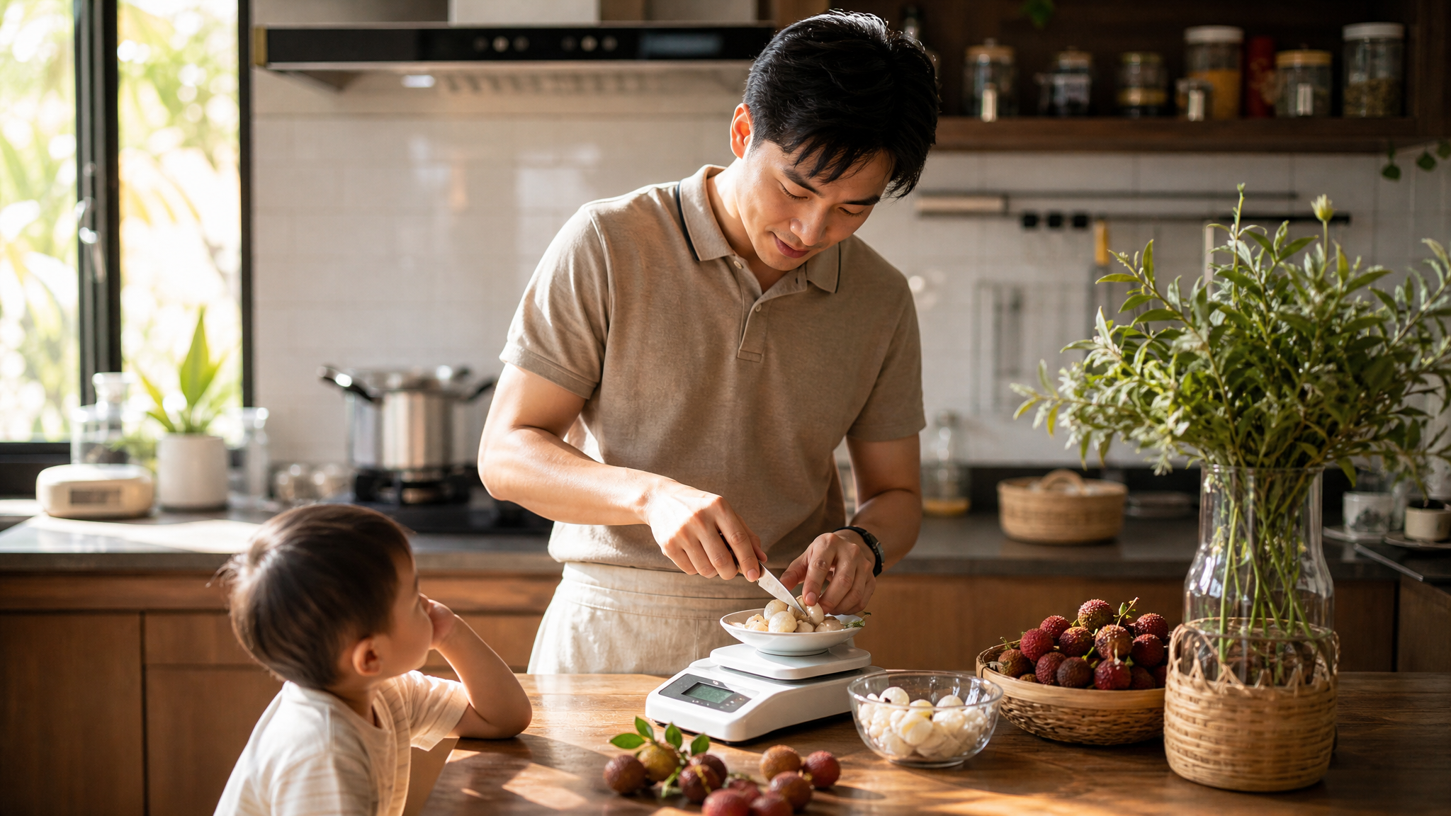 A warm lifestyle photography of a caring young Chinese husband in a cozy modern kitchen, carefully cutting seasonal fruits like lychee and bayberry and weighing them on a small digital kitchen scale. Bright natural sunlight, warm tones, high detail, photorealistic, cinematic lighting, shot on 35mm lens, warm family atmosphere. --ar 3:4