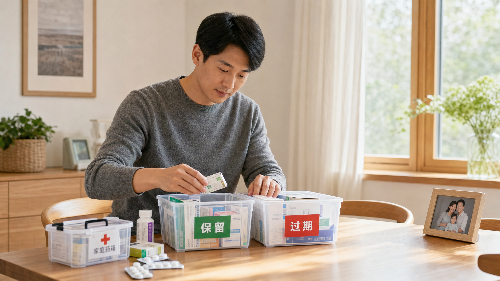 A caring Chinese husband is organizing a home medicine box on a bright dining table. He is carefully sorting medicines into two clear storage bins labeled with green and red stickers. Cozy home environment, sunny daylight, lifestyle photography, high quality, 8k.