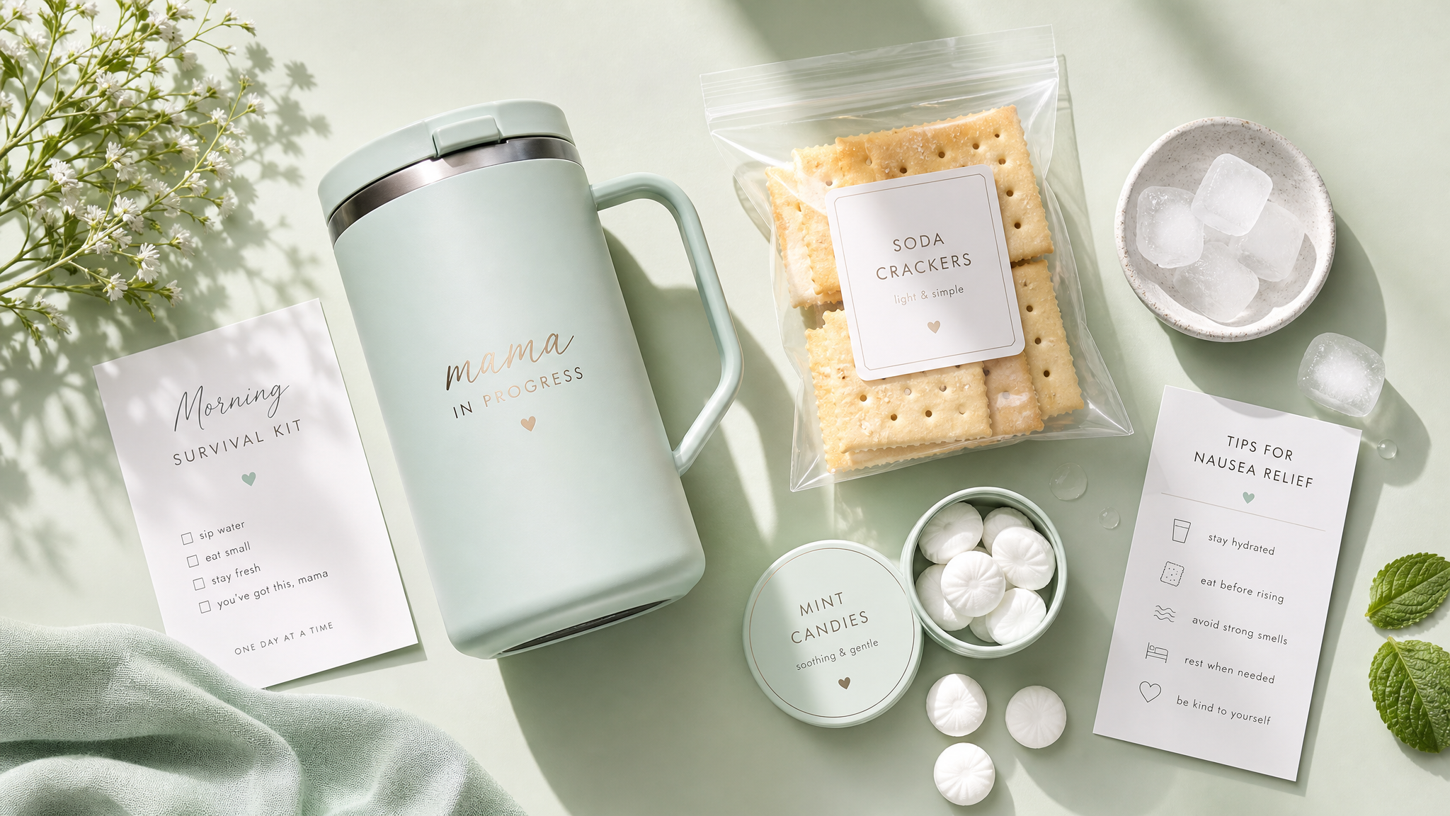 A flat lay aesthetic photo of pregnancy anti-nausea essentials on a light mint green background. Includes a stylish thermos cup, a small sealed bag of soda crackers, mint candies, and a few ice cubes. Soft natural sunlight, pastel colors, clean and minimalist composition, highly detailed, commercial product photography style. --ar 3:4