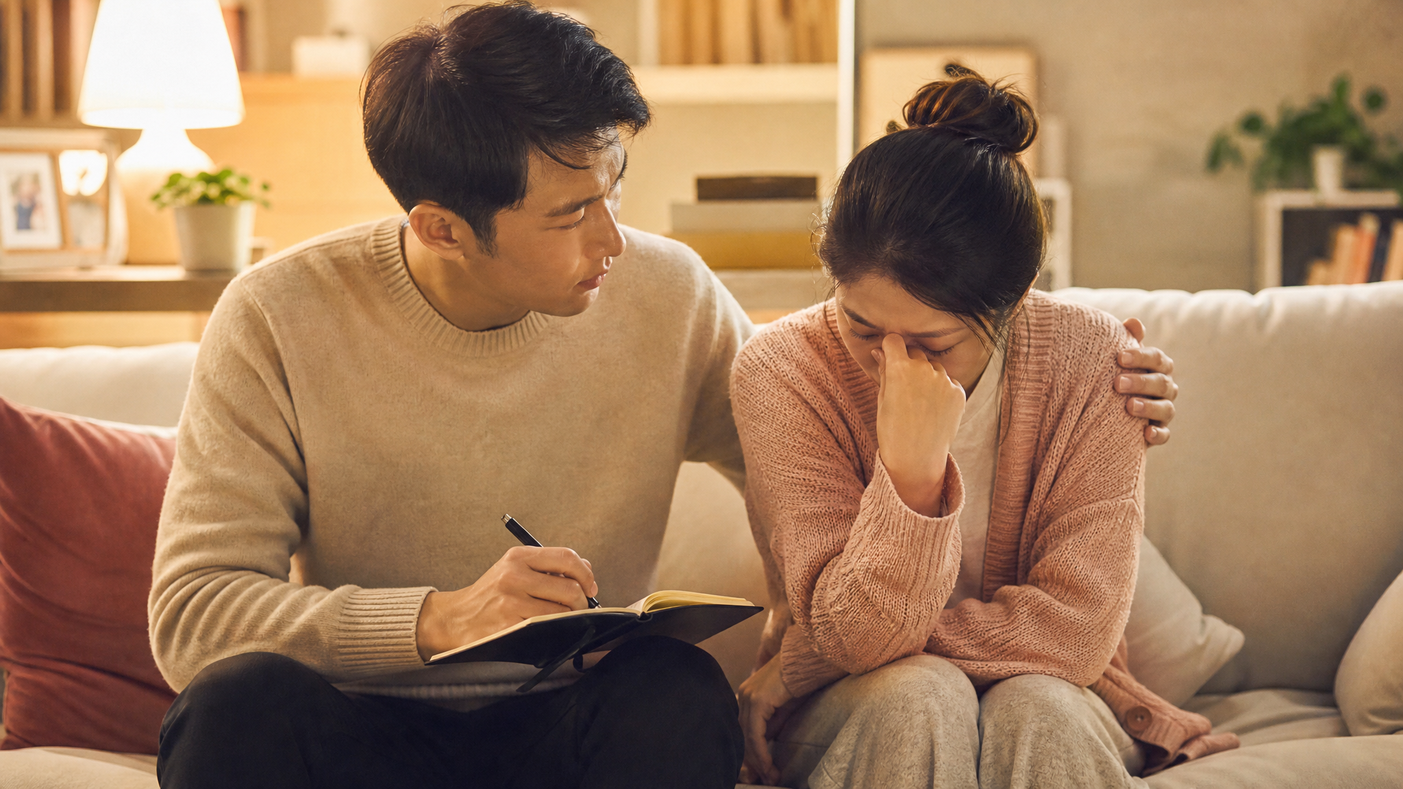 A caring young Chinese husband sitting on a cozy beige sofa next to his wife, he is seriously taking notes in a small notebook, comforting his wife, warm indoor lighting, cozy home environment, realistic photography, highly detailed, 8k, soft beige and light red visual style, emotional and supportive atmosphere.
