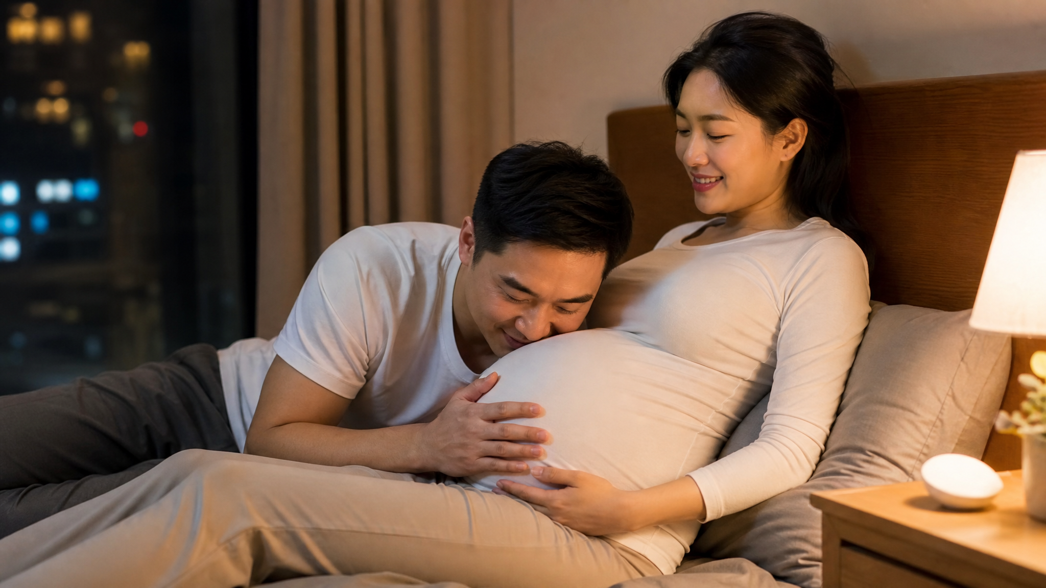 A loving Chinese couple in a cozy bedroom at night. The husband is gently placing his hands on his pregnant wife's belly, interacting with the baby. The wife is smiling and relaxed, practicing deep breathing. Warm bedside lamp lighting, soft and comforting atmosphere, realistic photography, cinematic lighting, 8k, photorealistic, Midjourney v6.