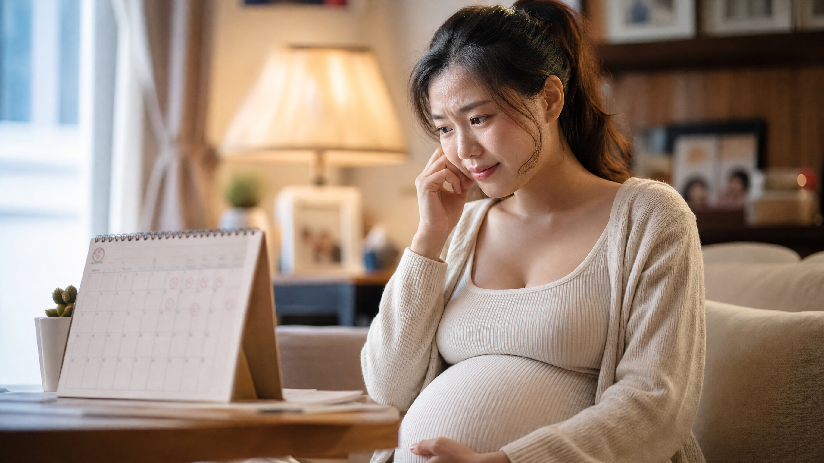A young Chinese pregnant woman looking at a desk calendar, slightly anxious but hopeful expression, warm indoor lighting, cozy living room background, soft cinematic lighting, high resolution, photorealistic, 8k, Midjourney v6.
