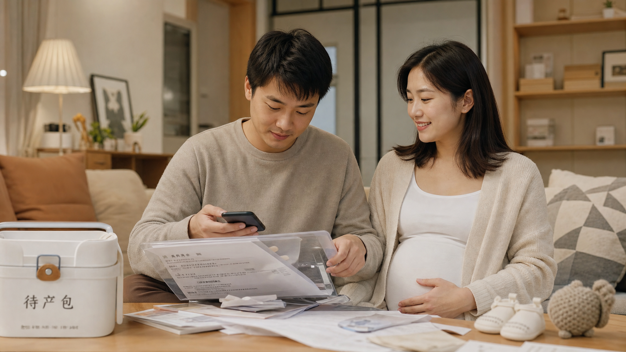 A loving Chinese couple sitting at home, organizing pregnancy hospital documents. The husband is carefully putting papers into a transparent folder and checking a list on his phone. The pregnant wife is smiling. Warm home lighting, cozy atmosphere, clean minimalist aesthetic, high quality, 8k, photorealistic --ar 4:3