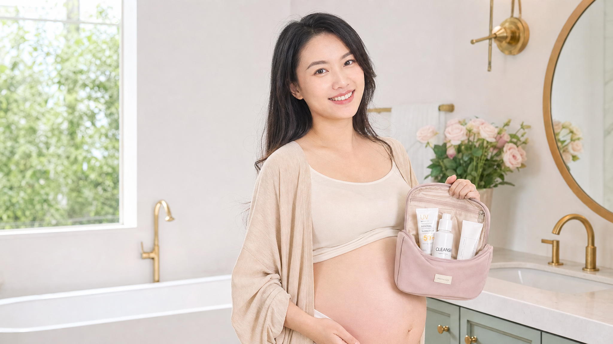 A beautiful Chinese pregnant woman smiling confidently, holding a minimalist travel makeup bag with a few safe skincare products like physical sunscreen and gentle cleanser. Bright and fresh bathroom background, pastel colors, soft studio lighting, highly detailed, photorealistic, lifestyle photography, 8k.