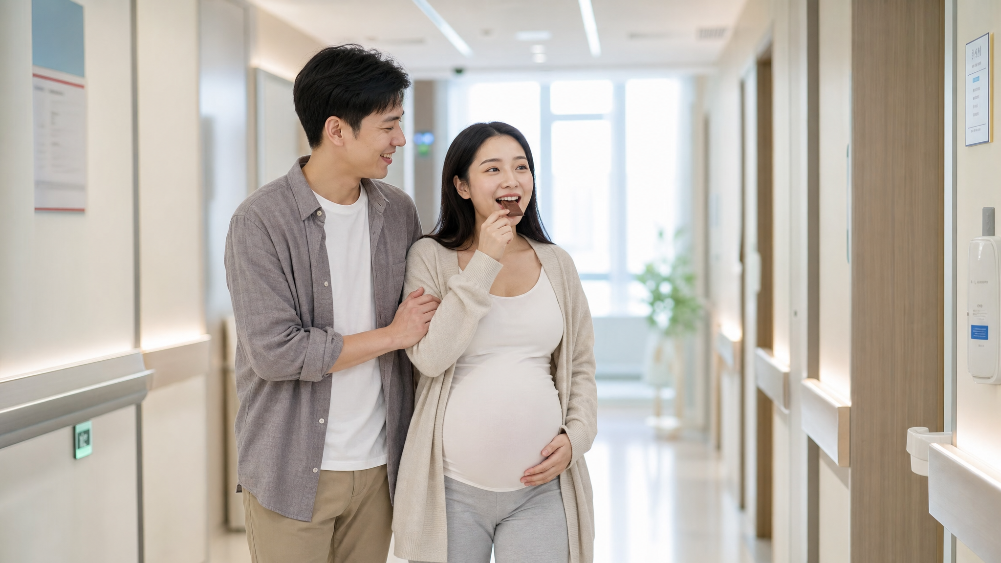 A realistic photography of a young Chinese pregnant woman wearing comfortable casual clothes, happily eating a small piece of chocolate while walking slowly in a bright and modern hospital corridor. Accompanied by her caring husband. Natural soft lighting, shallow depth of field, high quality, 8k, photorealistic, warm and hopeful mood.