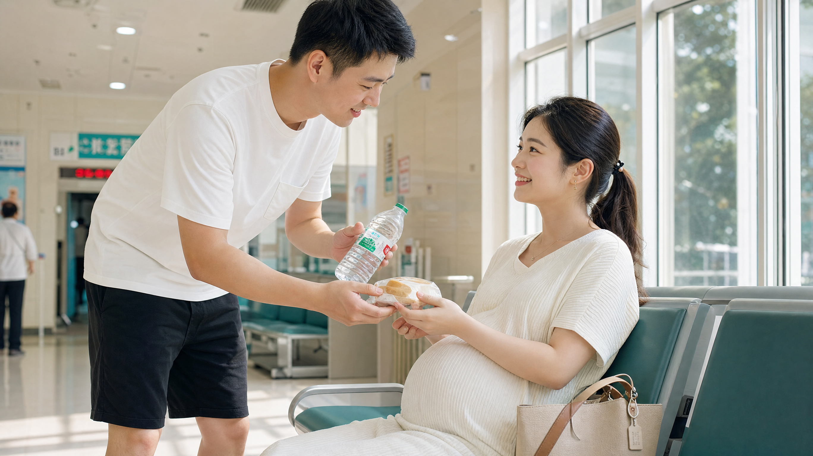 A caring young Chinese husband handing a bottle of water and a small snack to his pregnant wife in a bright hospital waiting area, summer casual clothing, warm and loving atmosphere, soft sunlight, photorealistic, 8k --ar 3:4