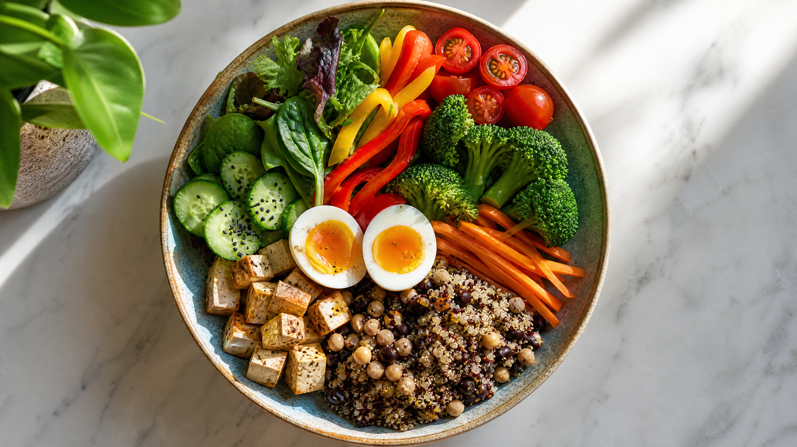Top-down view of a healthy pregnancy meal on a beautiful ceramic plate, divided into sections: half fresh colorful non-starchy vegetables, one quarter high-quality protein like tofu and soft-boiled egg, one quarter whole grains and beans. Clean bright kitchen background, natural sunlight, food photography, highly appetizing, 8k, photorealistic.