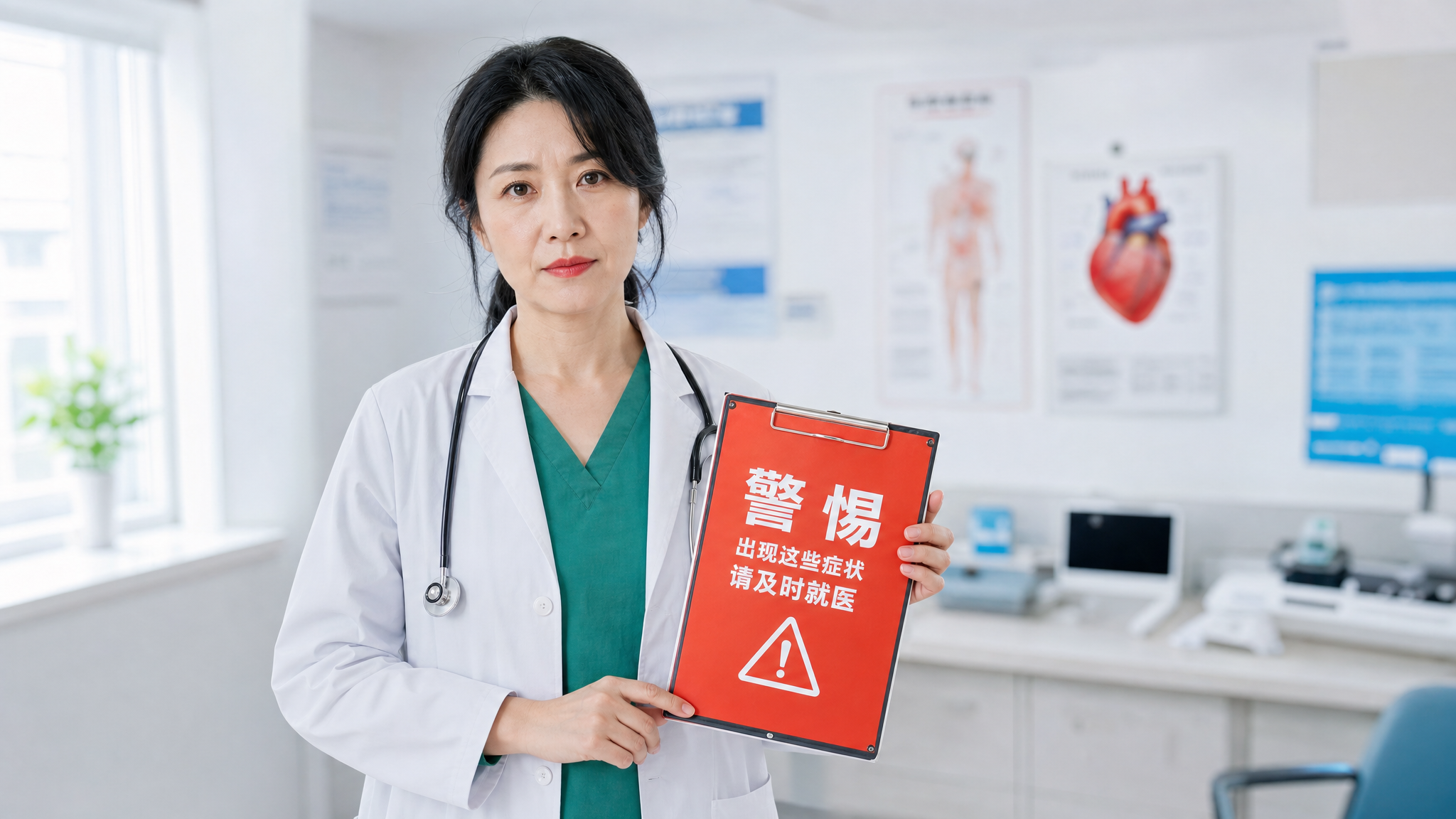 A professional Chinese female doctor in a white coat, standing in a bright modern clinic, holding a red warning clipboard with a serious but caring expression. Professional medical lighting, shallow depth of field, photorealistic, 8k, highly detailed.