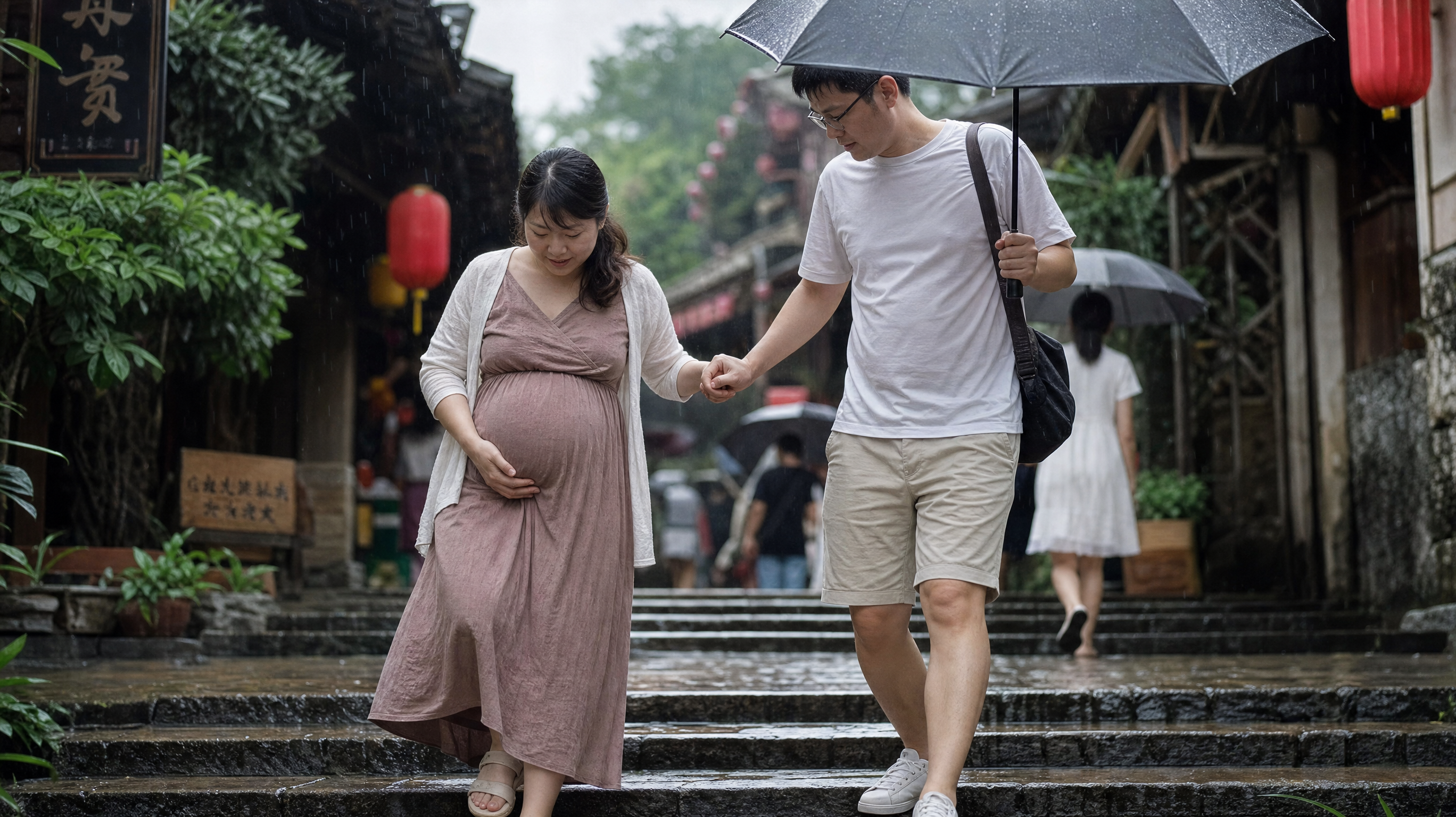 A heartwarming and realistic photo of a Chinese husband carefully holding the hand of his pregnant wife as they step down wet stairs on a rainy day. The wife is wearing safe, flat sandals with heel straps. Warm, caring atmosphere, soft diffused lighting, high quality, lifestyle photography, 8k.