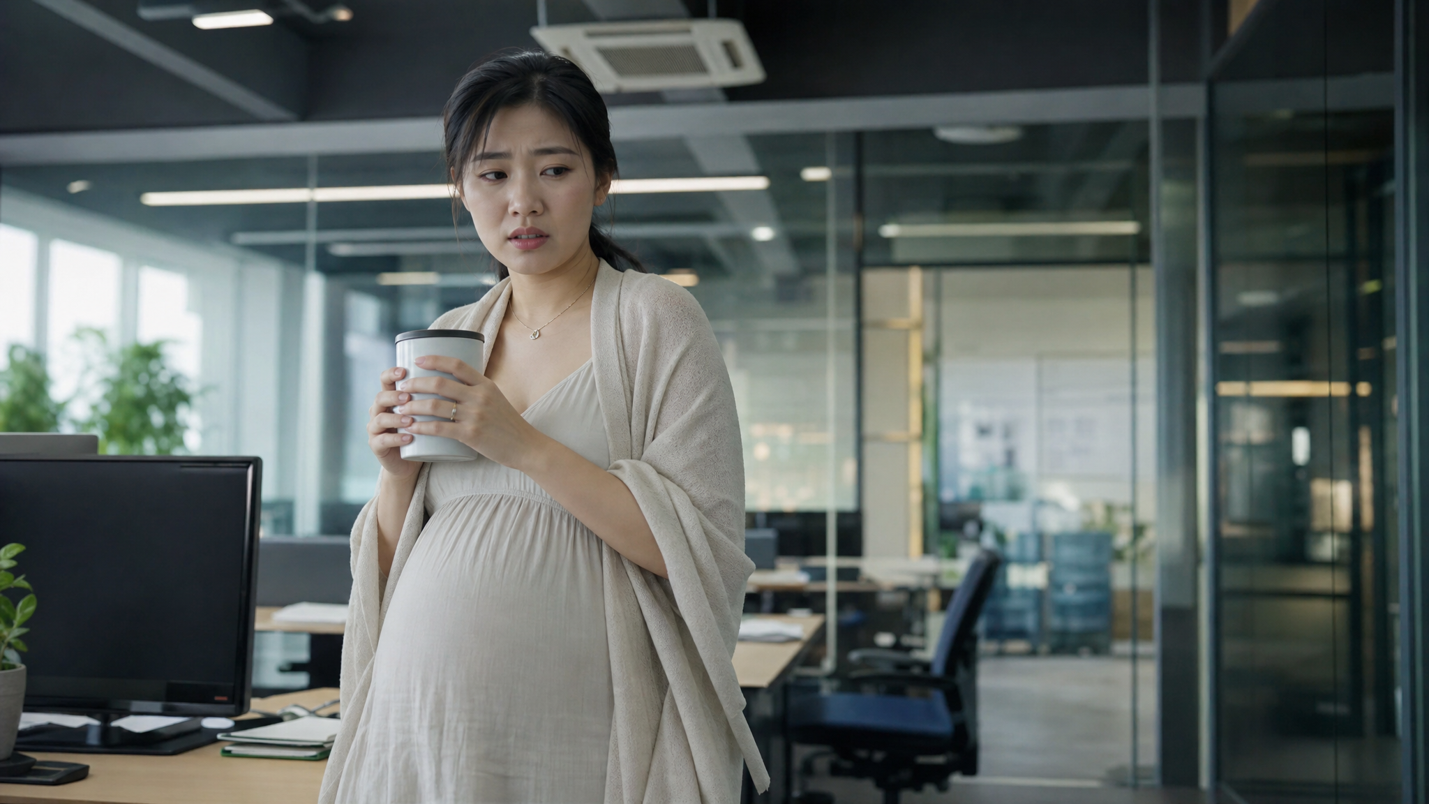 A photorealistic image of a young Chinese pregnant woman in a modern office. She looks slightly uncomfortable, wearing a light summer maternity dress but with a thin shawl wrapped around her shoulders. She is holding a warm water cup. In the background, a blurred office environment with an air conditioner vent visible. Cinematic lighting, soft natural light mixed with cool office lights, 8k resolution, highly detailed, photorealistic.