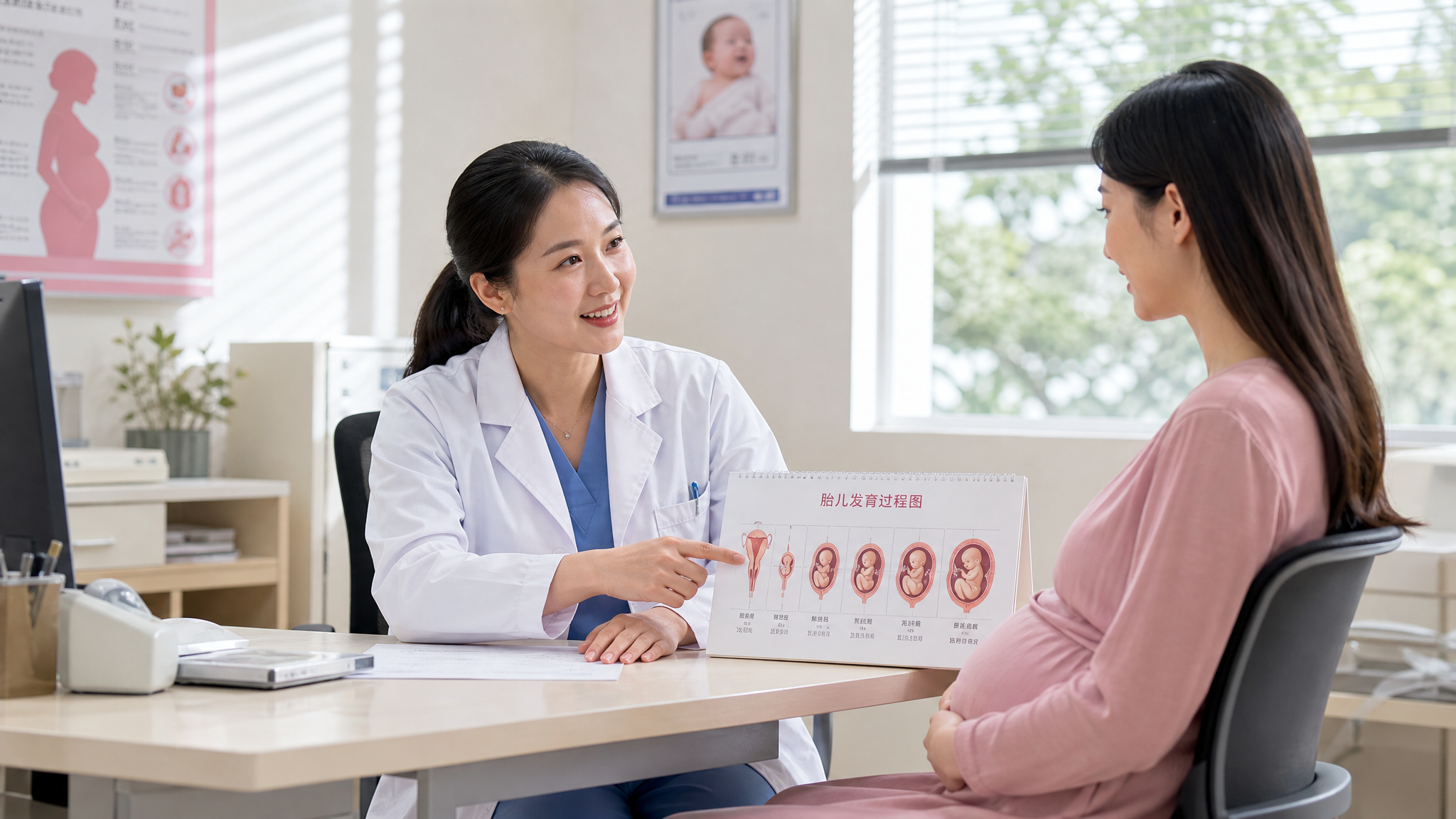 A professional Chinese female obstetrician in a white coat sitting at a bright clinic desk, warmly explaining a medical chart to a young Chinese pregnant woman. The doctor is smiling reassuringly. Bright natural light, clean hospital environment, highly detailed, photorealistic, 8k.