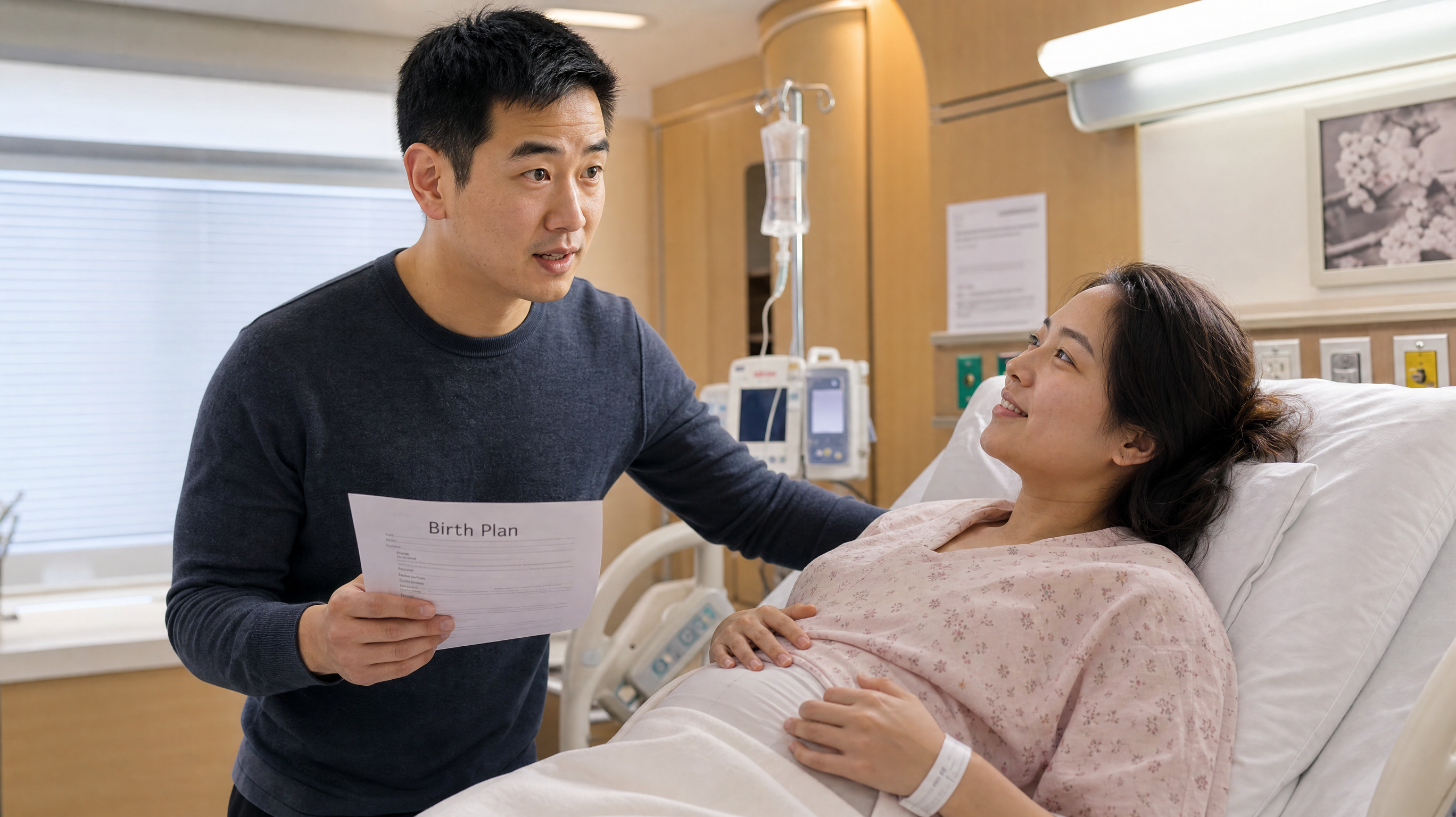 A modern hospital delivery room, a caring Chinese husband standing next to his pregnant wife, holding a piece of paper (birth plan) and communicating gently with an unseen doctor. The husband is acting as a supportive 'translator'. Warm hospital lighting, emotional connection, realistic photography, 8k, highly detailed. --ar 3:4
