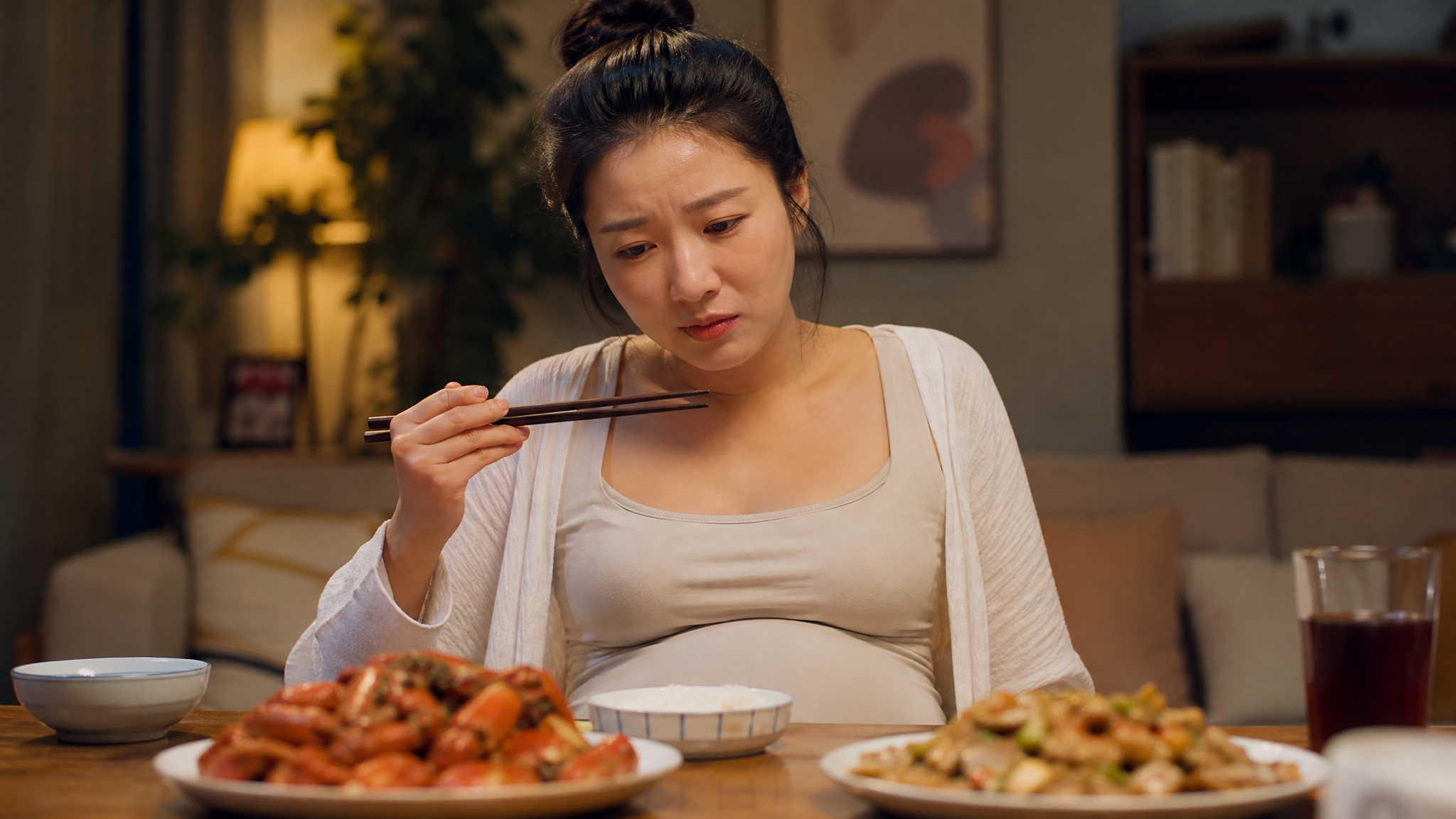 A young beautiful Chinese pregnant woman sitting at a dining table, looking cravingly at a plate of spicy crayfish and stir-fried clams, slightly hesitating with chopsticks in hand. Warm indoor lighting, cozy home environment, cinematic lighting, ultra-realistic, 8k resolution, highly detailed photography.