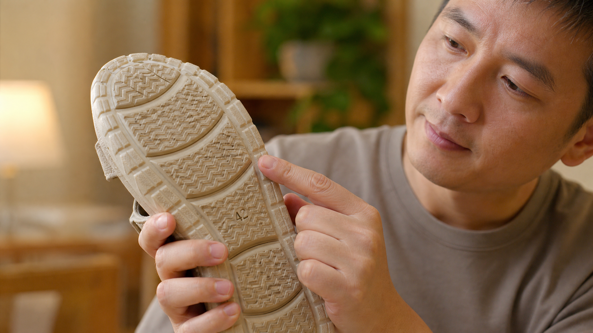 A close-up macro shot of the bottom of a comfortable summer sandal, showing deep and clear anti-slip textures. A Chinese man's hand is carefully inspecting the sole. Warm and cozy indoor lighting, conveying a sense of care and safety. High resolution, photorealistic, sharp focus on the shoe sole texture.