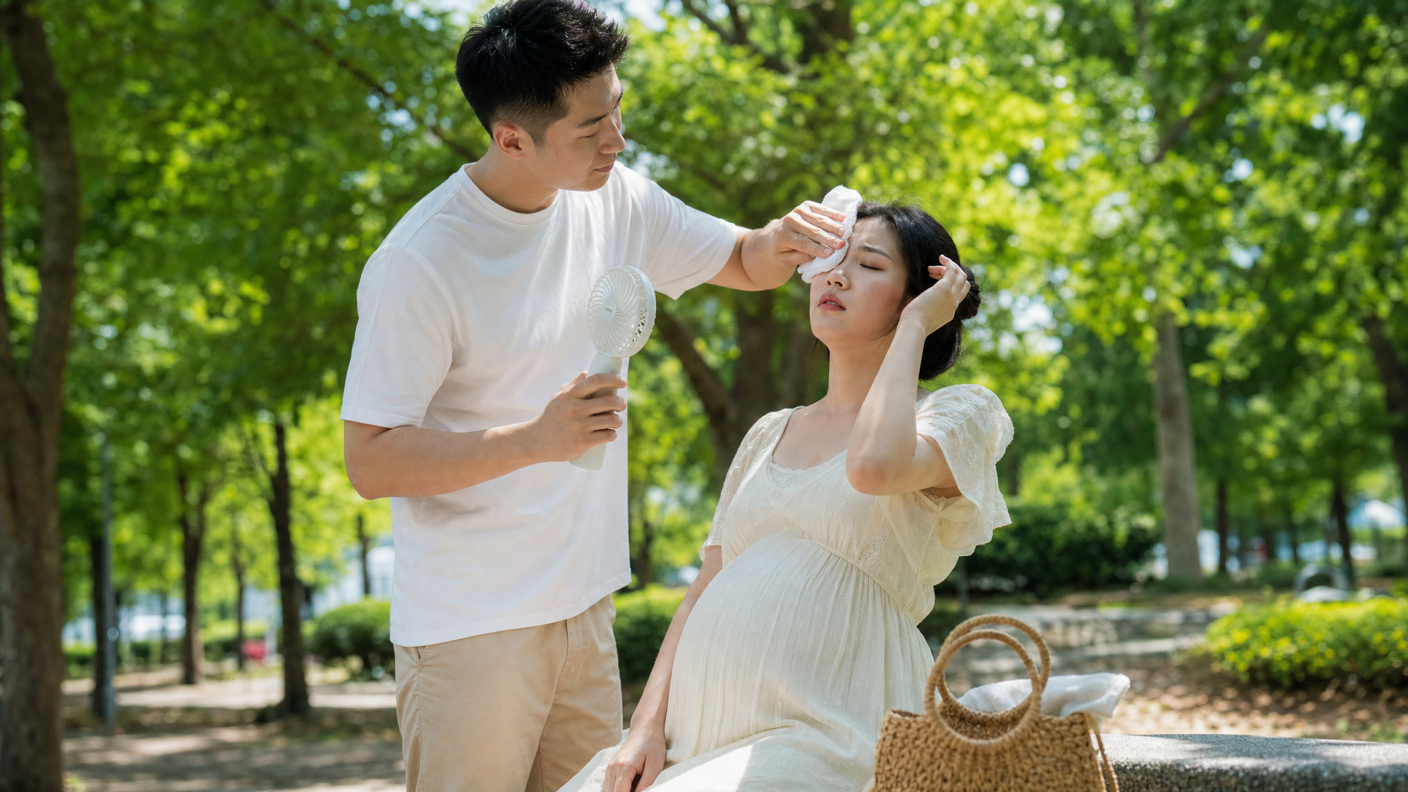 A realistic photography of a young Chinese couple in a summer park. The pregnant wife is wearing a light maternity dress, looking a bit tired and sweating slightly, while the caring husband is holding a portable fan and wiping her sweat with a cold towel. Bright summer lighting, soft shadows, high resolution, cinematic composition, 8k, photorealistic. --ar 3:4