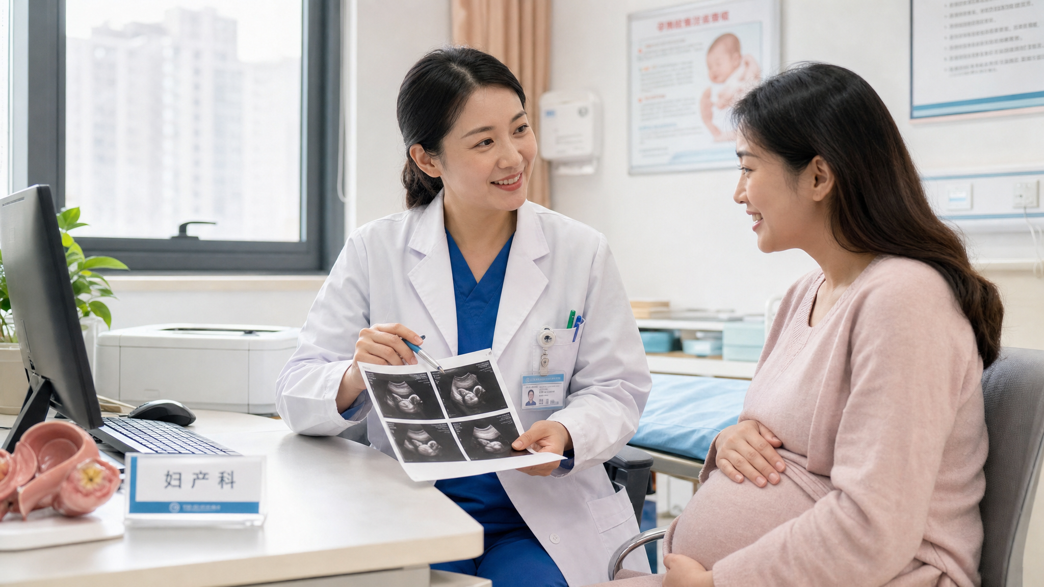 A reassuring scene in a modern Chinese hospital clinic. A friendly Chinese female obstetrician in a white coat is explaining an ultrasound report to a relieved Chinese pregnant woman. Soft natural light from the window, professional and warm atmosphere, highly detailed, 8k, photorealistic.