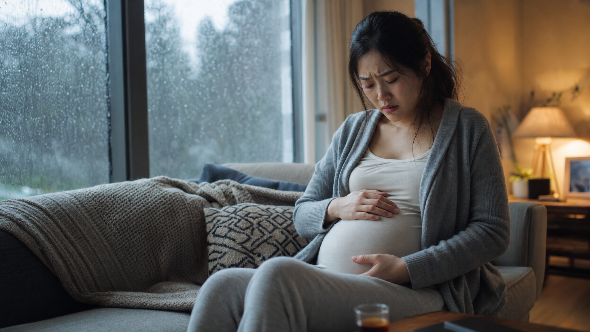 A photorealistic image of a young Chinese pregnant woman sitting on a cozy living room sofa, looking slightly pale and holding her belly with a pained expression. Outside the window, it is a rainy day with soft, gloomy natural light. Cinematic lighting, 8k resolution, highly detailed, Midjourney v6 style.