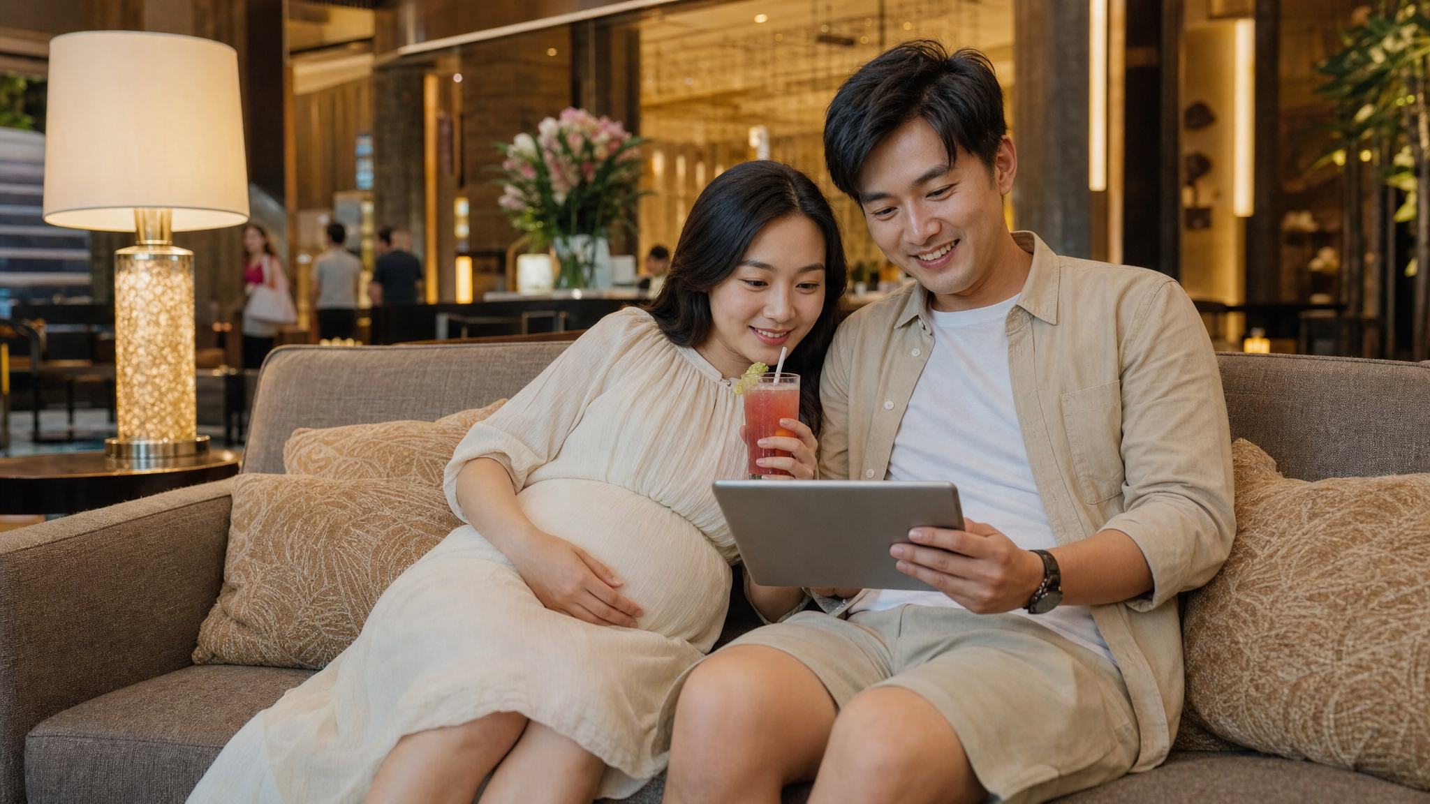 A heartwarming realistic photo of a young Chinese pregnant woman relaxing on a comfortable sofa in a luxurious hotel lobby, sipping a cool drink. Her husband is sitting next to her, smiling and showing her a travel map on his tablet. Warm, inviting lighting, elegant interior, high quality, 8k, photorealistic. --ar 3:4