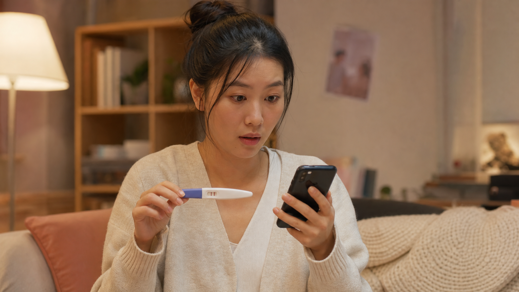 A photorealistic image of a young Chinese woman looking at her smartphone with a slightly anxious but surprised expression, holding a positive pregnancy test in her other hand. Warm indoor lighting, cozy home environment, high resolution, 8k, cinematic lighting, shot on 35mm lens.