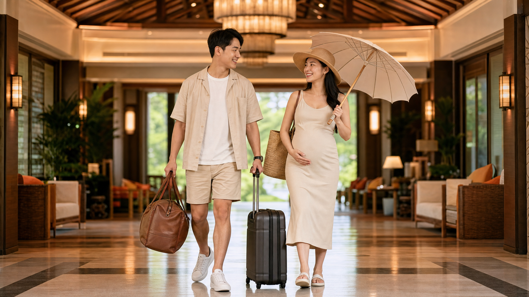 A caring Chinese husband carrying a stylish travel bag and rolling a suitcase, walking next to his pregnant wife who is smiling happily and holding a sun umbrella, hotel lobby background, warm lighting, luxurious and modern resort style, high quality, realistic photography, --ar 3:4 --v 6.0