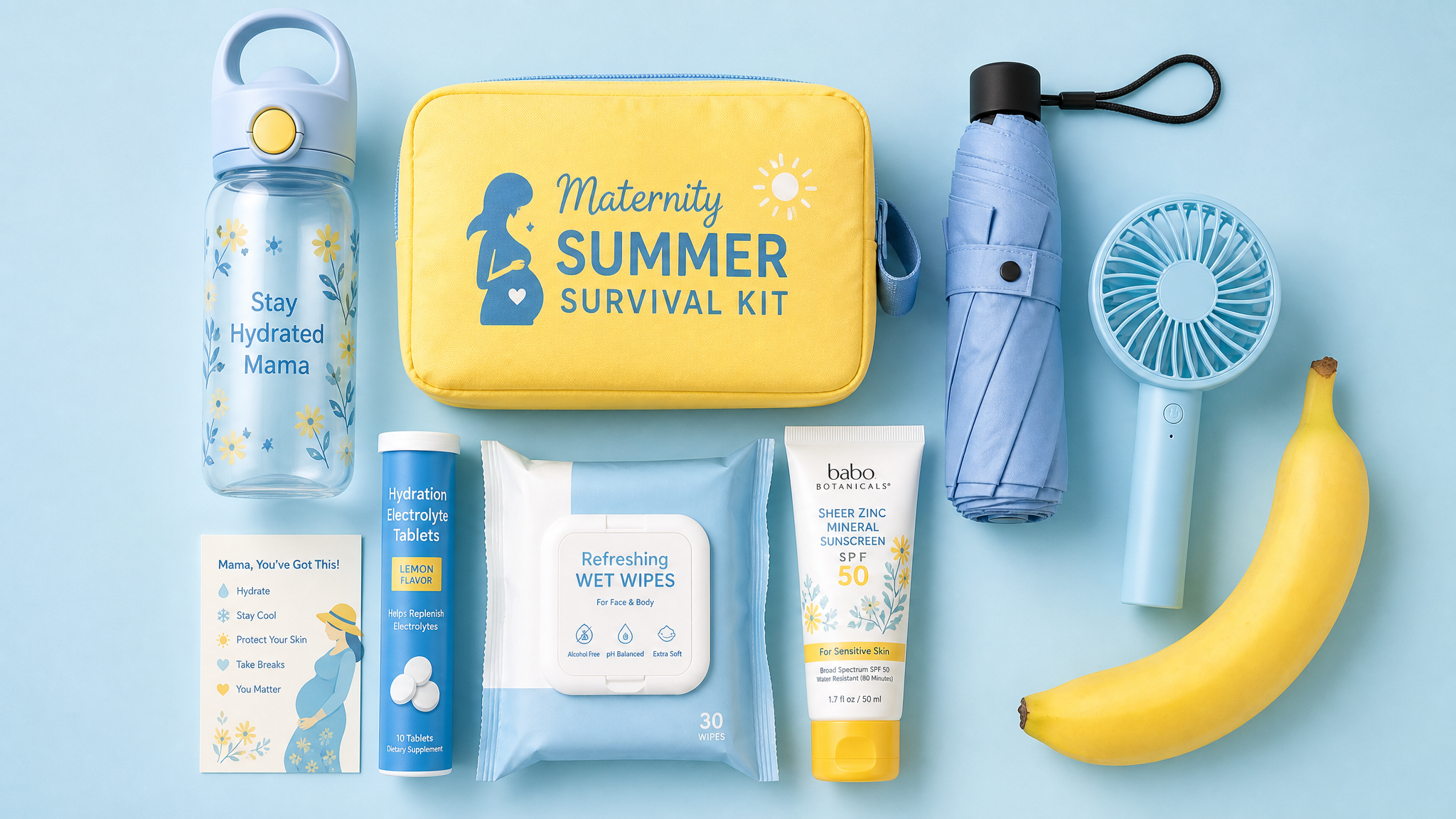 A top-down flatlay photography of a maternity summer survival kit. Items include a cute water bottle, electrolyte tablets, a foldable umbrella, a mini portable fan, wet wipes, mineral sunscreen, and a banana. Bright and safe yellow and cool blue color palette. Neat and organized layout on a clean pastel background, studio lighting, high resolution, commercial product photography style.