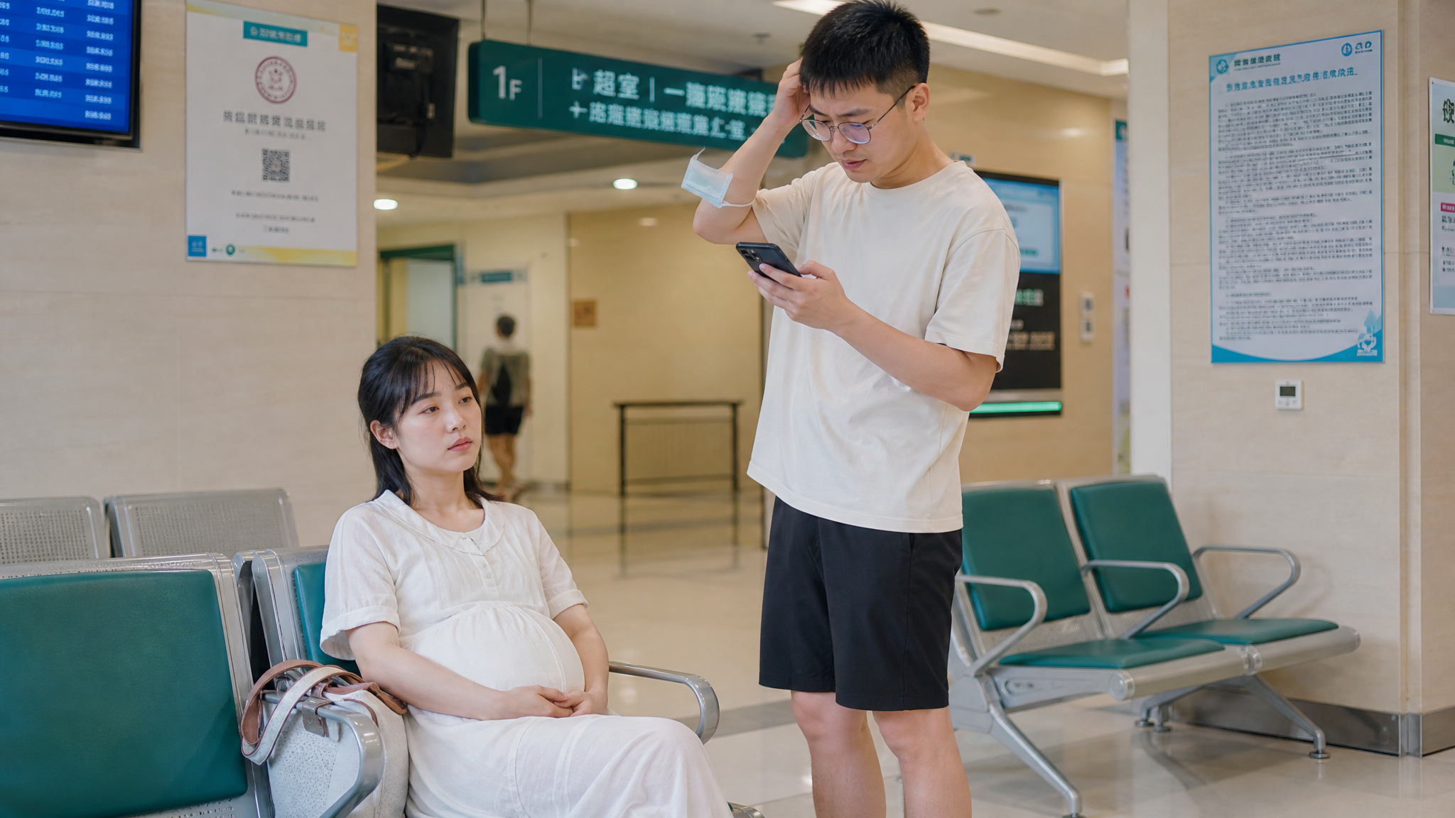 一位年轻的中国孕妇坐在医院候诊区的椅子上,表情有些疲惫和无奈,旁边站着一个手足无措的年轻中国准爸爸,手里拿着手机。夏季服装,明亮的医院室内灯光,写实摄影风格,8k分辨率,高质量。