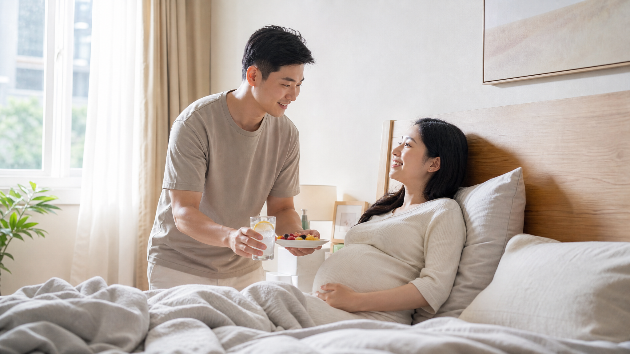 A heartwarming scene of a young Chinese husband lovingly handing a glass of fresh lemon water and a small plate of healthy snacks to his pregnant wife, who is resting comfortably on a bright, modern bed. The wife looks relieved and happy. Morning sunlight filtering through the window, bright and airy atmosphere, realistic photography, gentle emotional connection, 8k, highly detailed.