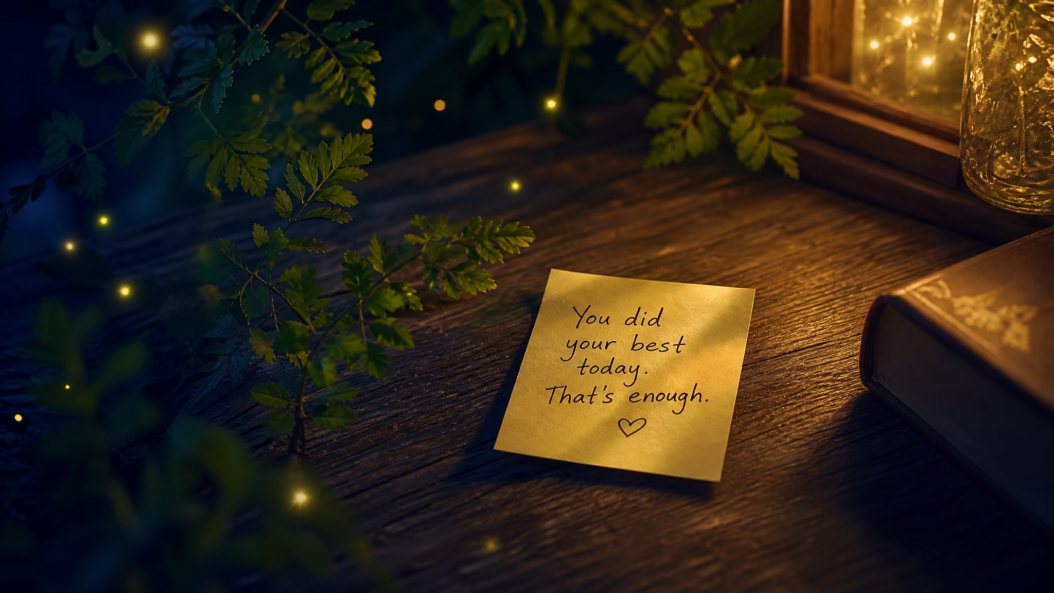 A close-up of a handwritten sticky note on a wooden nightstand, surrounded by delicate green leaf silhouettes and soft glowing fireflies, summer night vibe, indigo and moonlight gold color palette, light textured paper background, cozy and peaceful atmosphere, highly detailed, 8k, aesthetic photography --ar 3:4