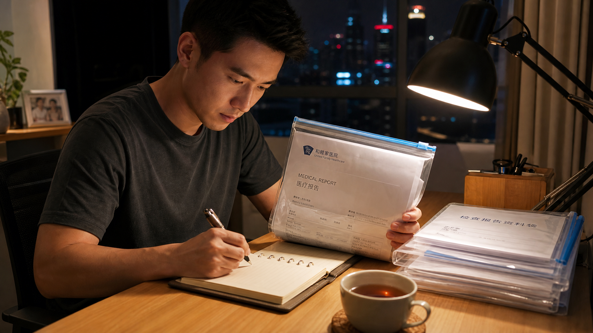 A focused young Chinese husband sitting at a clean wooden desk at night, carefully organizing medical reports into a waterproof folder and taking notes on a planner, a cup of warm tea on the desk, warm desk lamp lighting causing soft shadows, conveying a sense of responsibility and love, hyper-realistic, cinematic lighting, 8k.