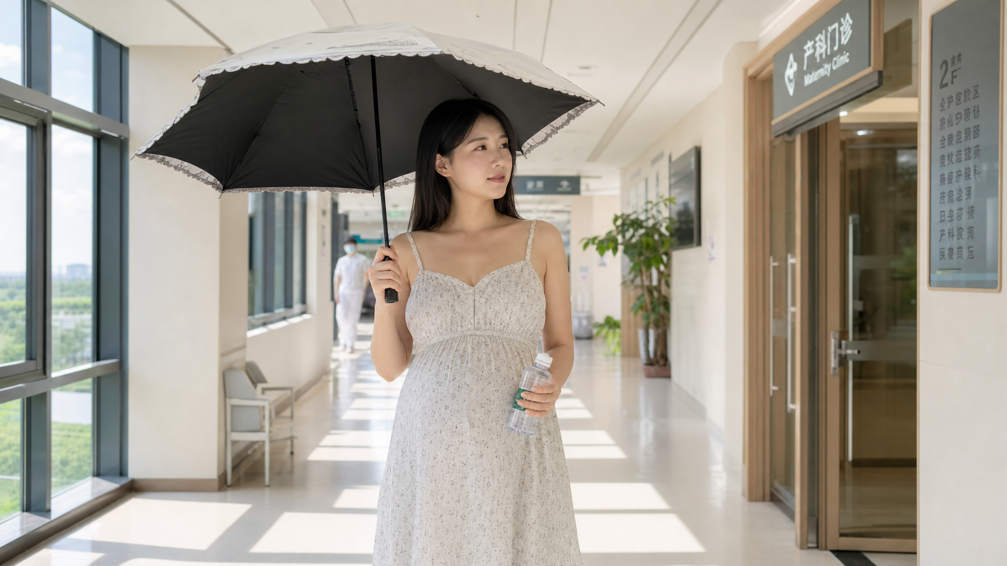A high-quality, realistic photo of a young Chinese pregnant woman standing in a bright, modern hospital corridor during summer. She is wearing light, breathable summer clothes, holding a sun umbrella and a bottle of water. Soft natural light coming from the window, cinematic lighting, ultra-detailed, 8k resolution, photorealistic.