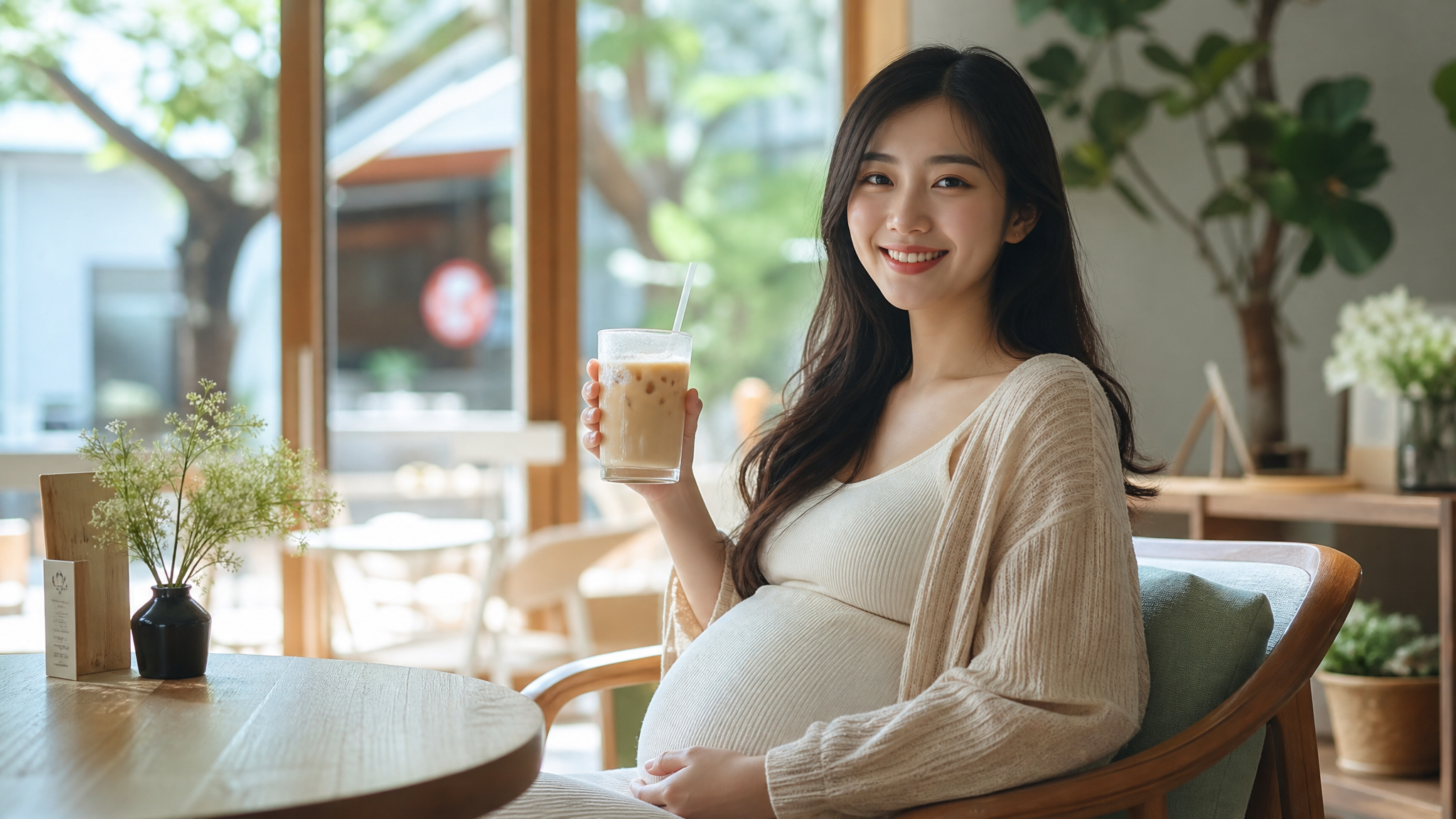 A beautiful Chinese pregnant woman sitting in a bright, cozy summer cafe, happily holding a beautiful glass of iced latte with condensation on the glass. Wearing comfortable summer maternity clothes, soft natural sunlight, warm and fresh tones, high quality, photorealistic, 8k, Midjourney style.