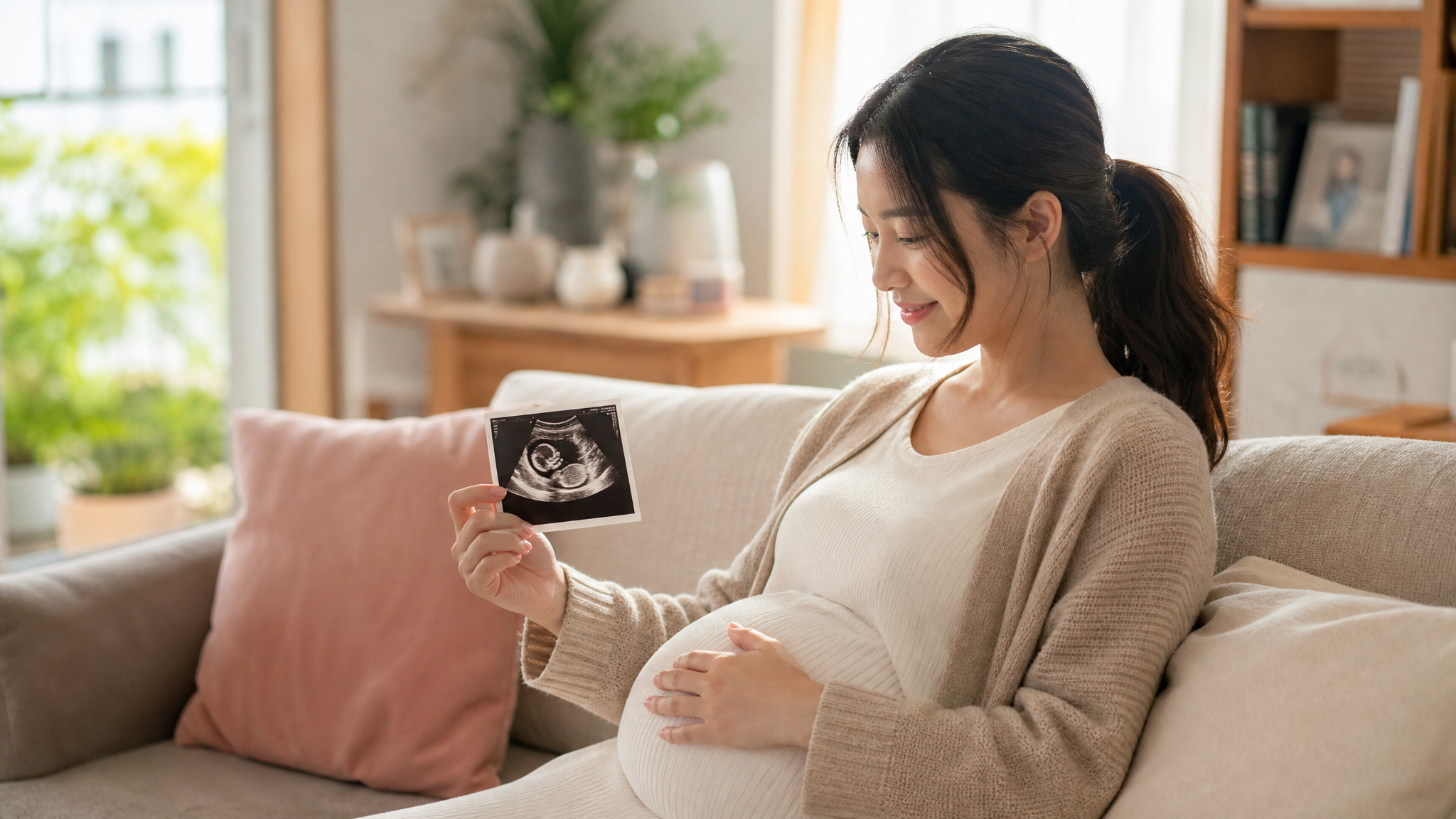 A warm and aesthetic photography of a young Chinese pregnant woman sitting on a cozy sofa in a sunlit living room, looking gently at an early pregnancy ultrasound photo in her hand. Soft natural lighting, pastel color palette, cinematic composition, highly detailed, 8k resolution, photorealistic.