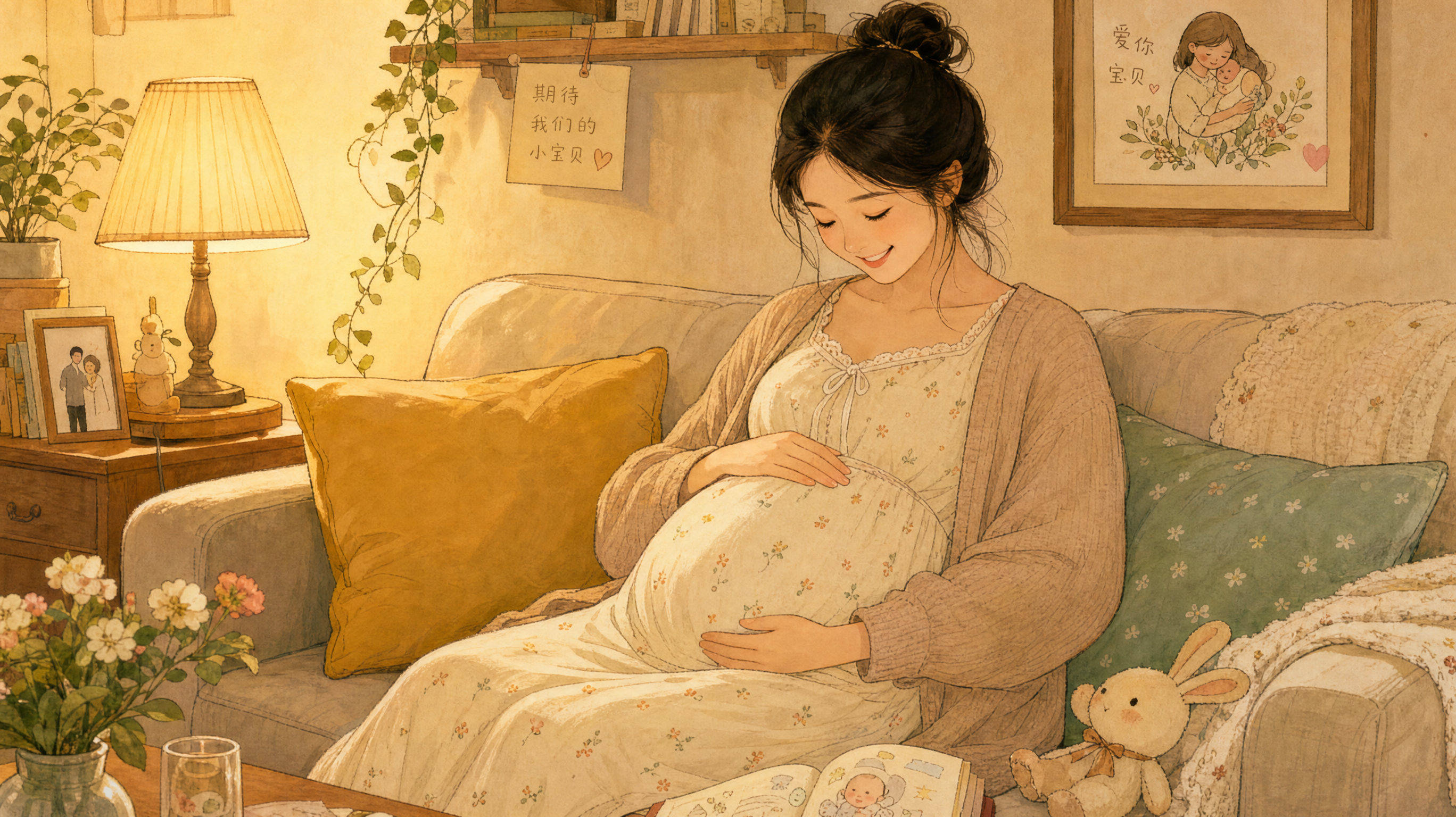 A warm and loving hand-drawn illustration, soft beige background. A young Chinese pregnant woman sitting on a cozy sofa, gently touching her pregnant belly with a happy smile. Warm ambient lighting, high quality, Studio Ghibli style, detailed illustration, maternal love.