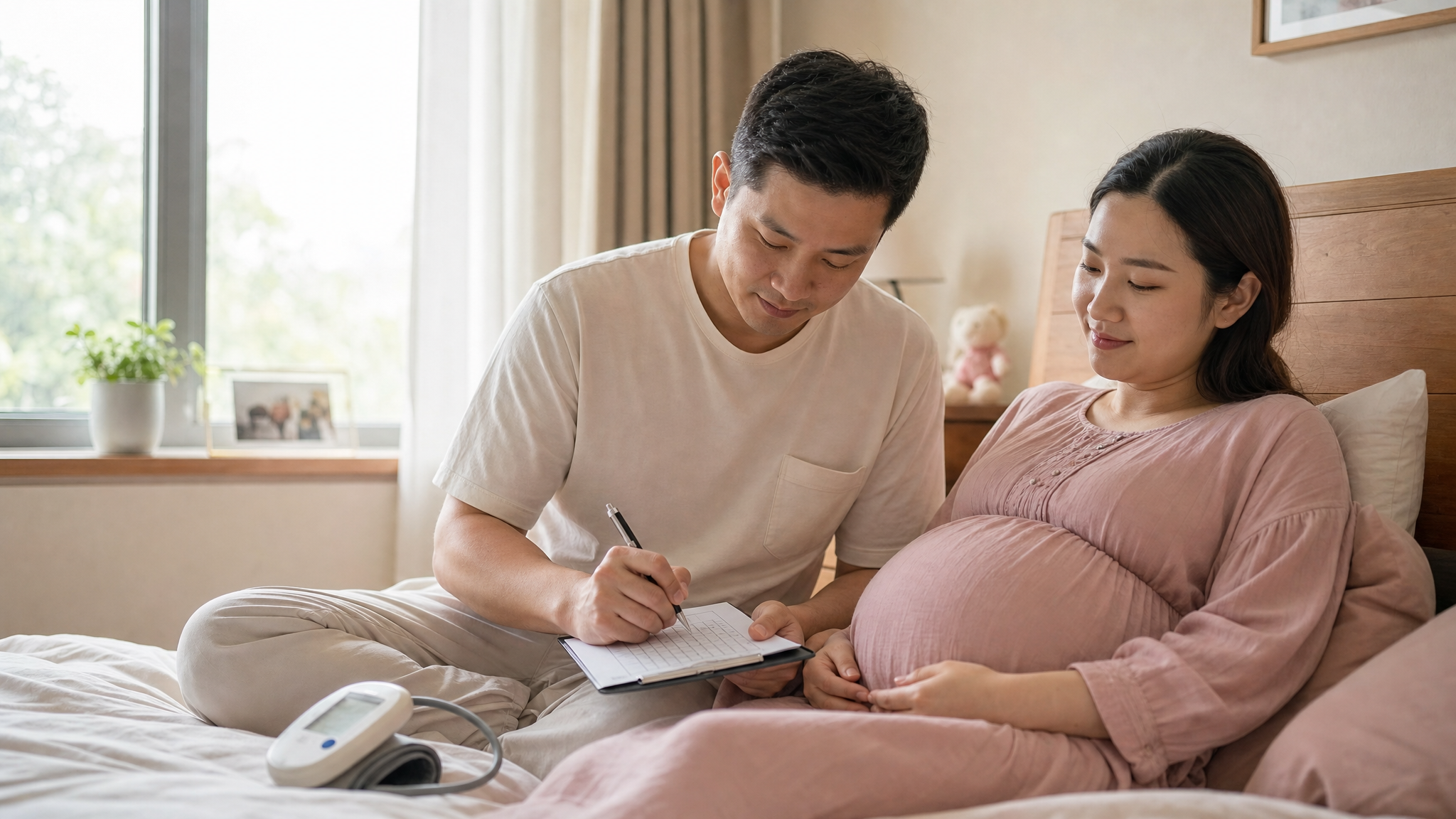 A loving Chinese husband carefully writing down blood pressure readings on a chart, sitting next to his pregnant wife who is resting comfortably on a bed. Warm and caring atmosphere, soft natural light coming from the window, realistic lifestyle photography, 8k, highly detailed.