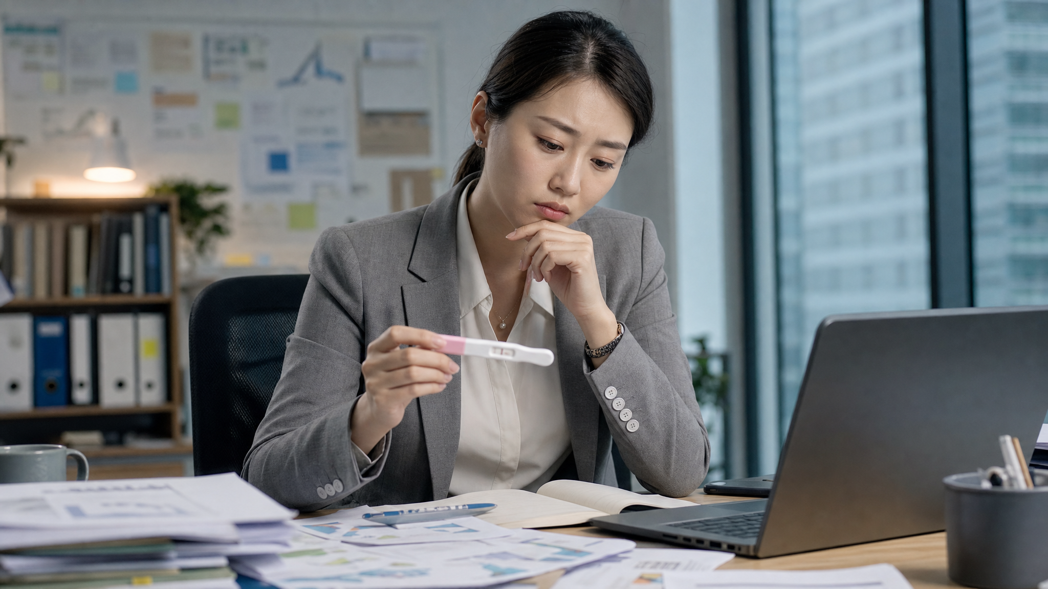 A young Chinese professional woman sitting at a modern office desk, holding a pregnancy test result in her hand, looking slightly anxious and thoughtful. The desk is cluttered with documents and a laptop. Soft indoor office lighting, cinematic cinematic lighting, realistic style, 8k resolution.