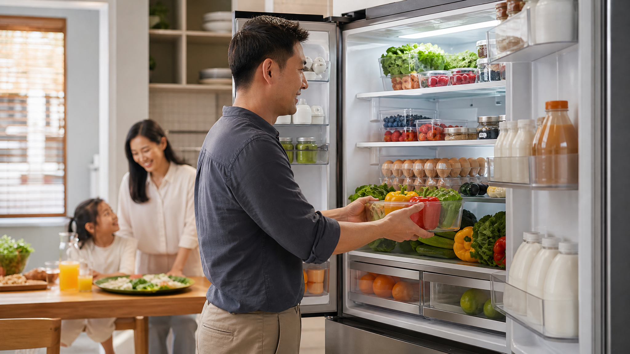 A caring Chinese husband organizing a modern refrigerator filled with colorful fresh vegetables, fruits, eggs, and milk. Bright and clean kitchen environment, warm family atmosphere, soft lighting, photorealistic, highly detailed, 8k.