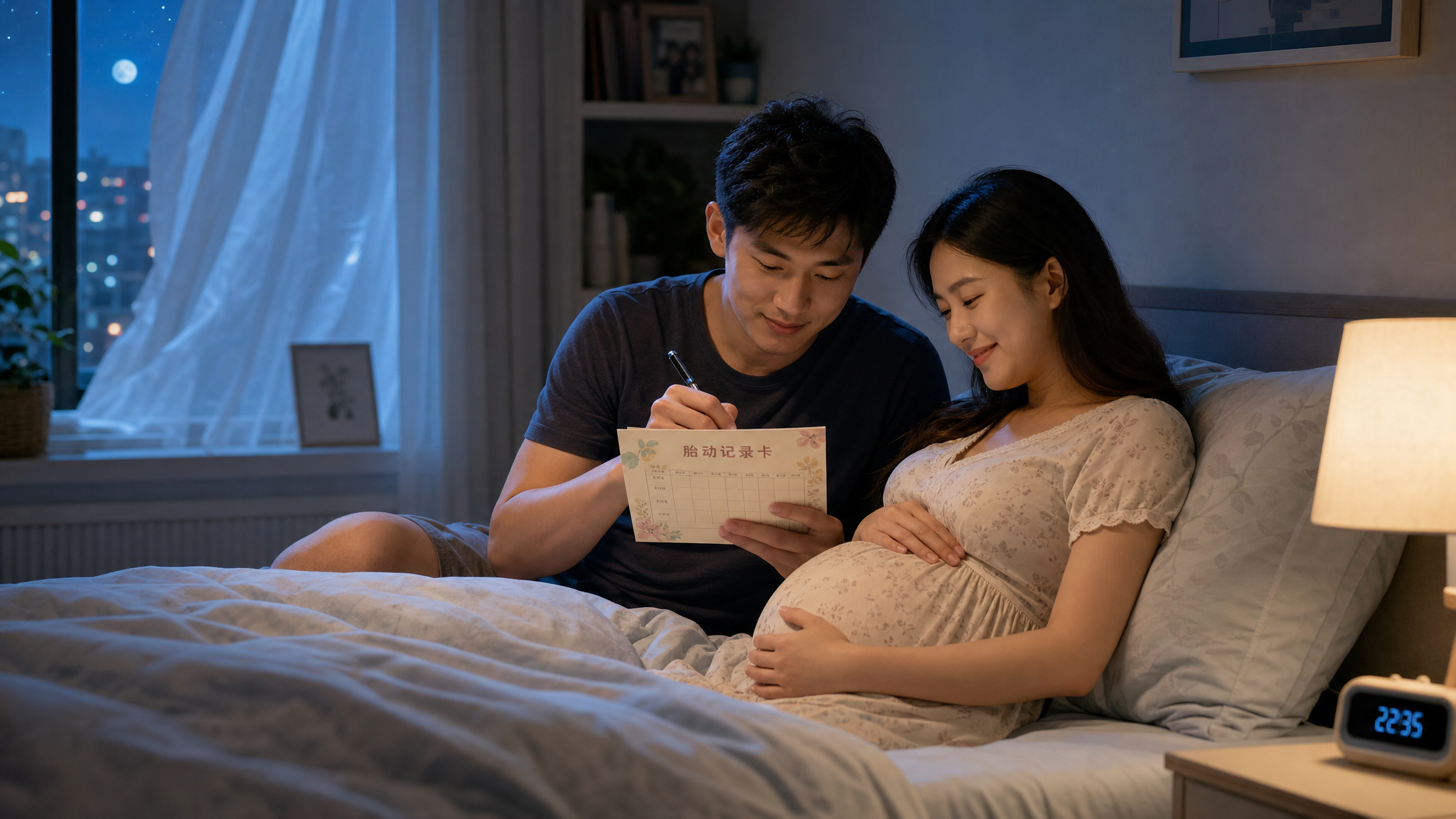 一对年轻的中国夫妻在温馨的卧室里,夏夜微风吹过窗帘。准爸爸正拿着笔和一张设计精美的“胎动记录卡”认真记录,准妈妈靠在枕头上微笑看着肚子。画面温馨,色彩清凉舒适,展现家庭的爱与期待,高画质,摄影级别。
