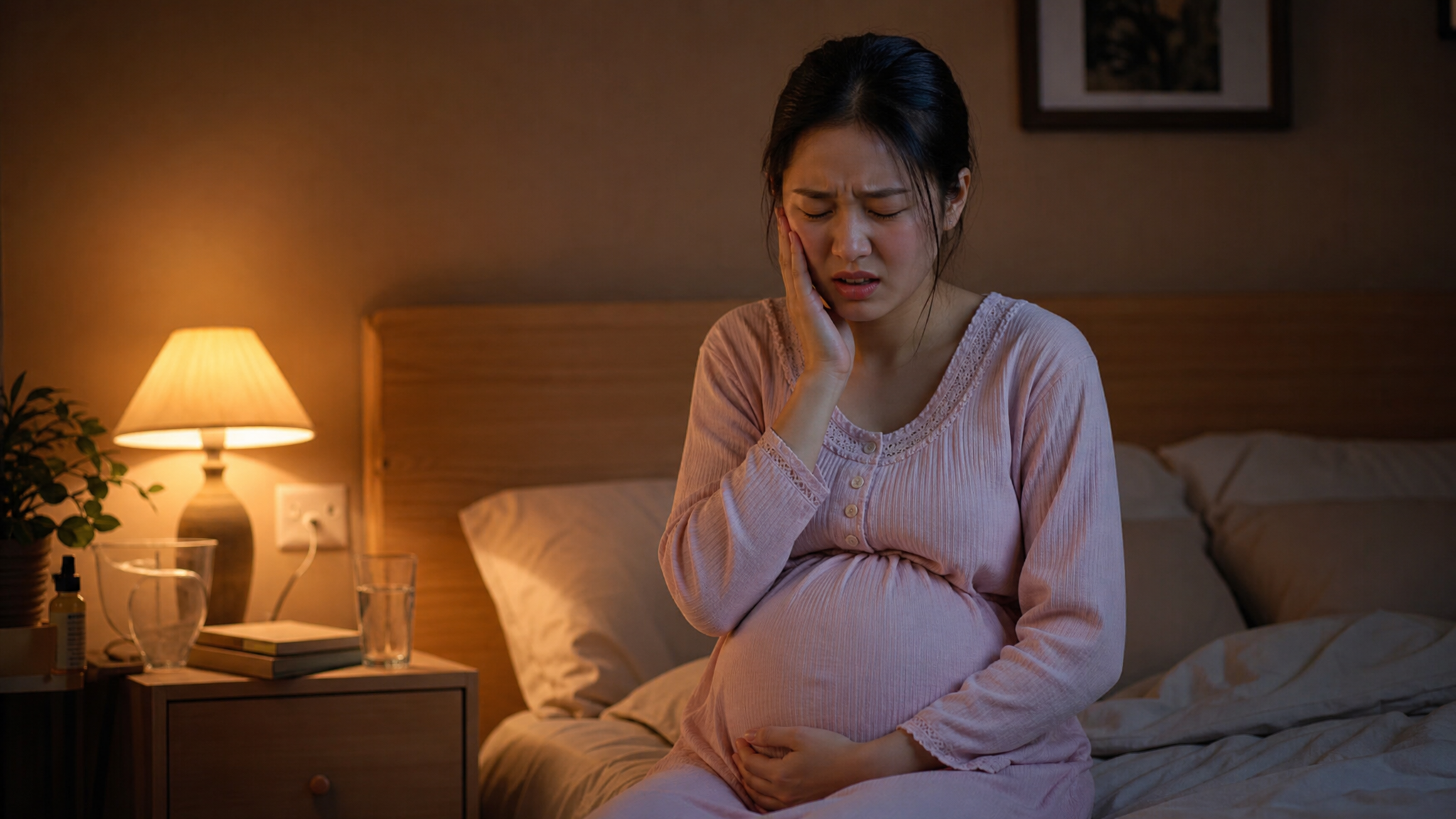 A young Chinese pregnant woman sitting on the edge of a bed at night, looking distressed. She is gently touching her swollen cheek with one hand indicating toothache, and resting her other hand on her pregnant belly. Warm and dim bedroom lighting, realistic photography, cinematic cinematic lighting, highly detailed.