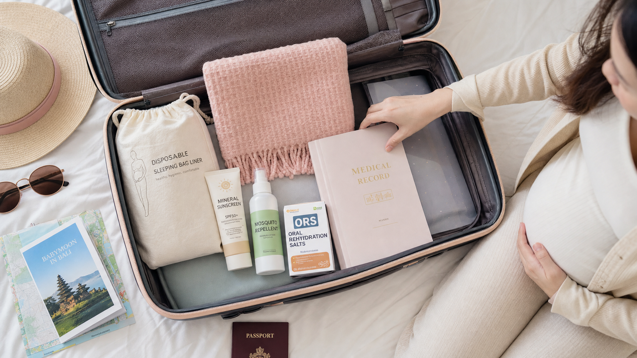 A high-quality flat lay photography of a stylish travel suitcase packed with pregnant women's travel essentials. The items include a folded disposable sleeping bag liner, a small portable blanket, physical sunscreen, mosquito repellent, a medical record folder, and oral rehydration salts. A young Chinese pregnant woman's hands are gently arranging the items. Bright and clean lighting, pastel color palette, lifestyle aesthetic, highly detailed, Pinterest style.
