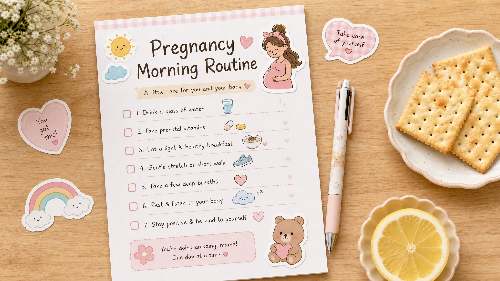 A flat lay of a pregnancy morning routine checklist on a wooden table, decorated with cute cartoon stickers. Next to it is a pen, a few soda crackers, and a slice of lemon. Stationery style, top-down view, bright and soft pastel color palette, highly aesthetic.